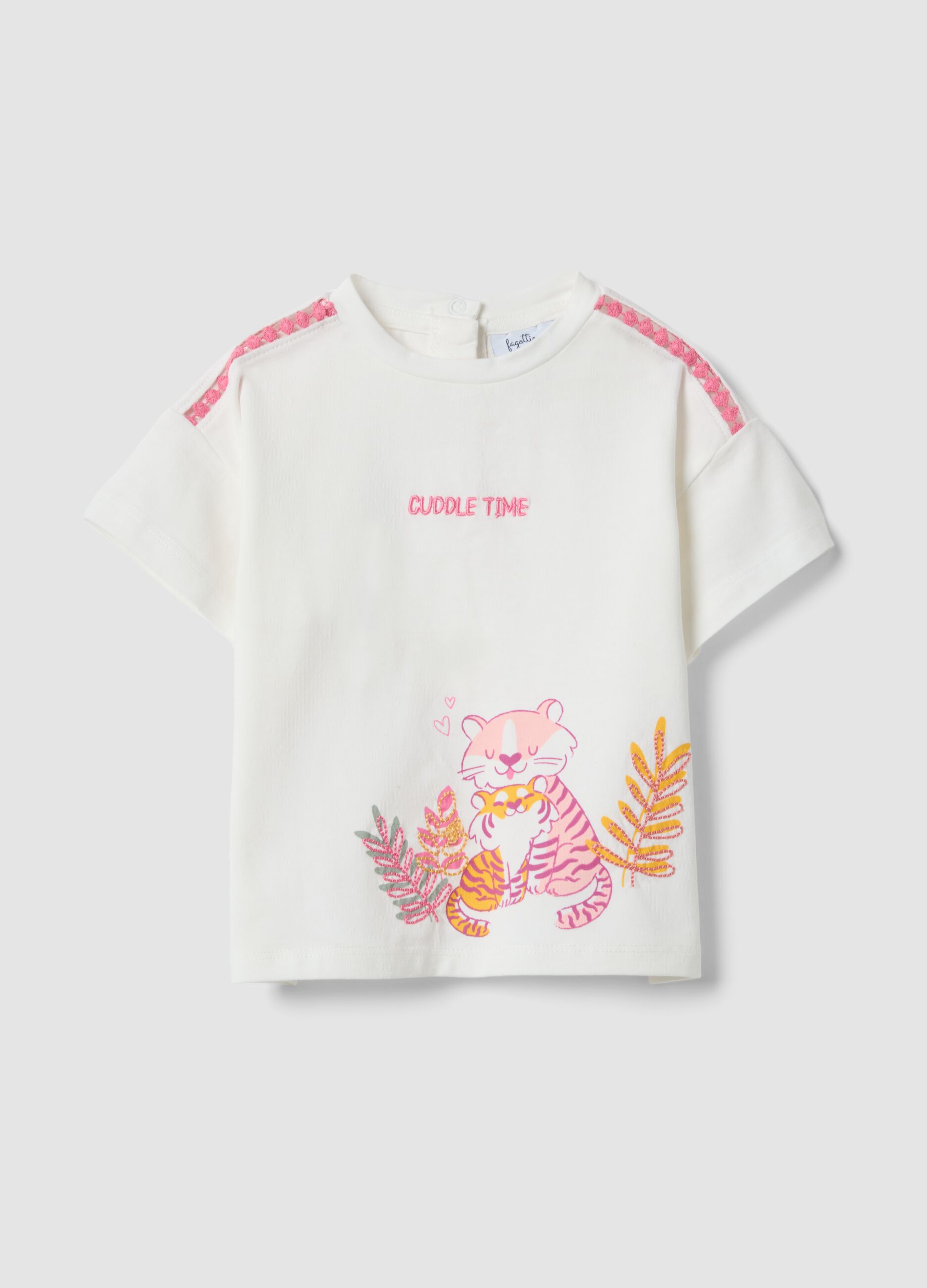 White stretch cotton printed T-shirt for baby girl, regular fit
