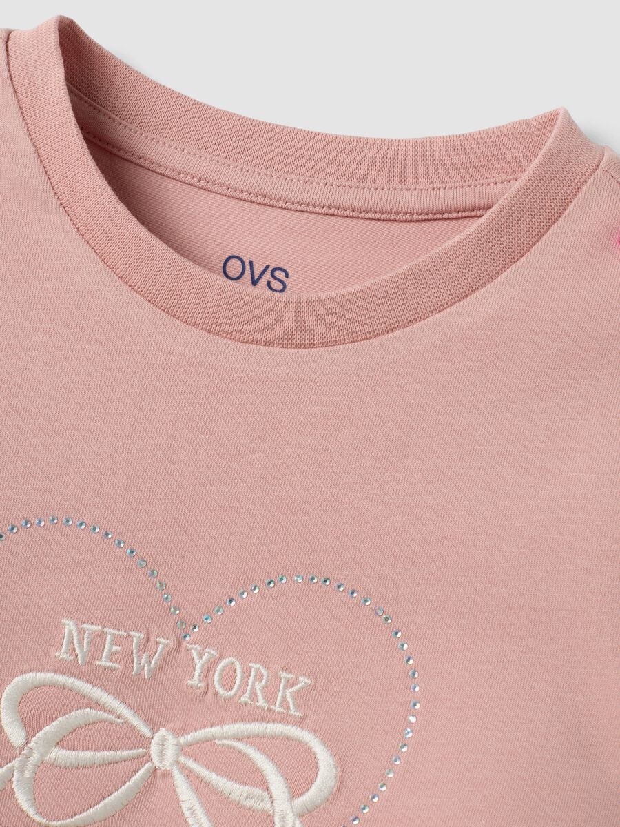 Pink stretch cotton T-shirt with bow embroidery for girls_2