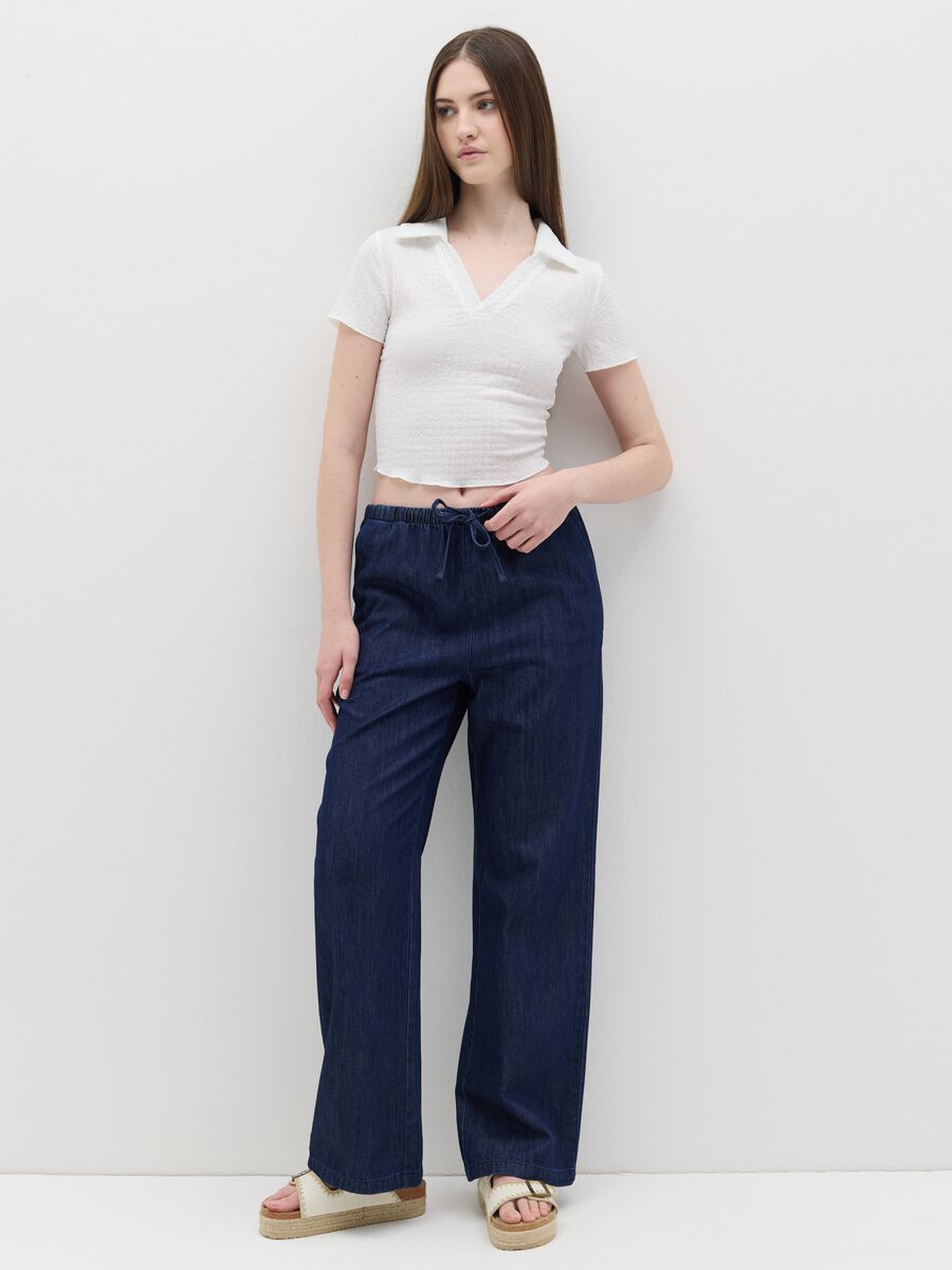 White crinkle-effect crop polo shirt_1