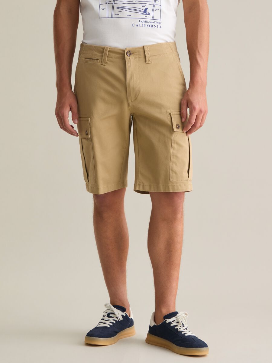 Beige Stretch Cotton Cargo Shorts_1
