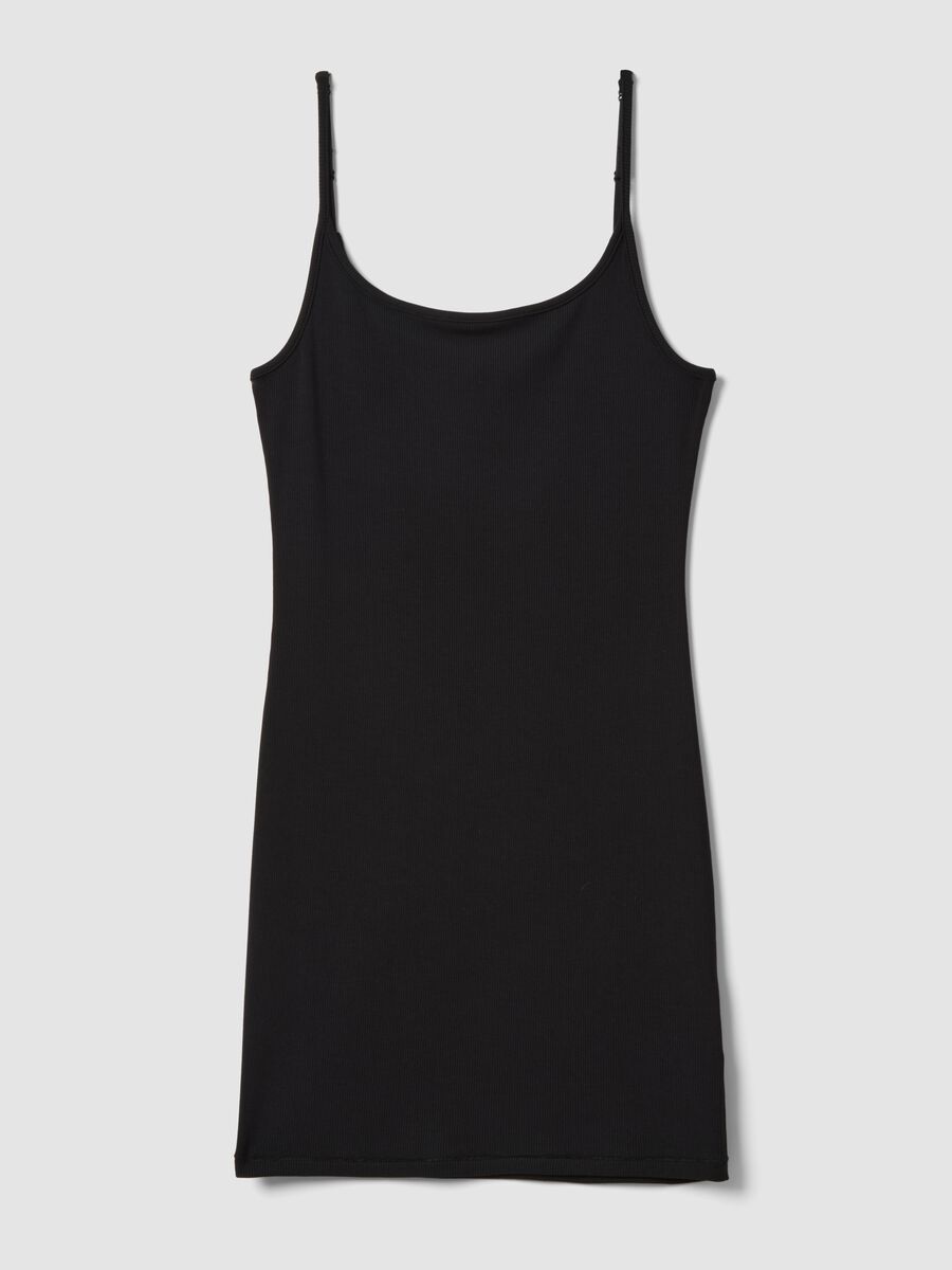 Black fitted ribbed stretch modal dress with straps_0