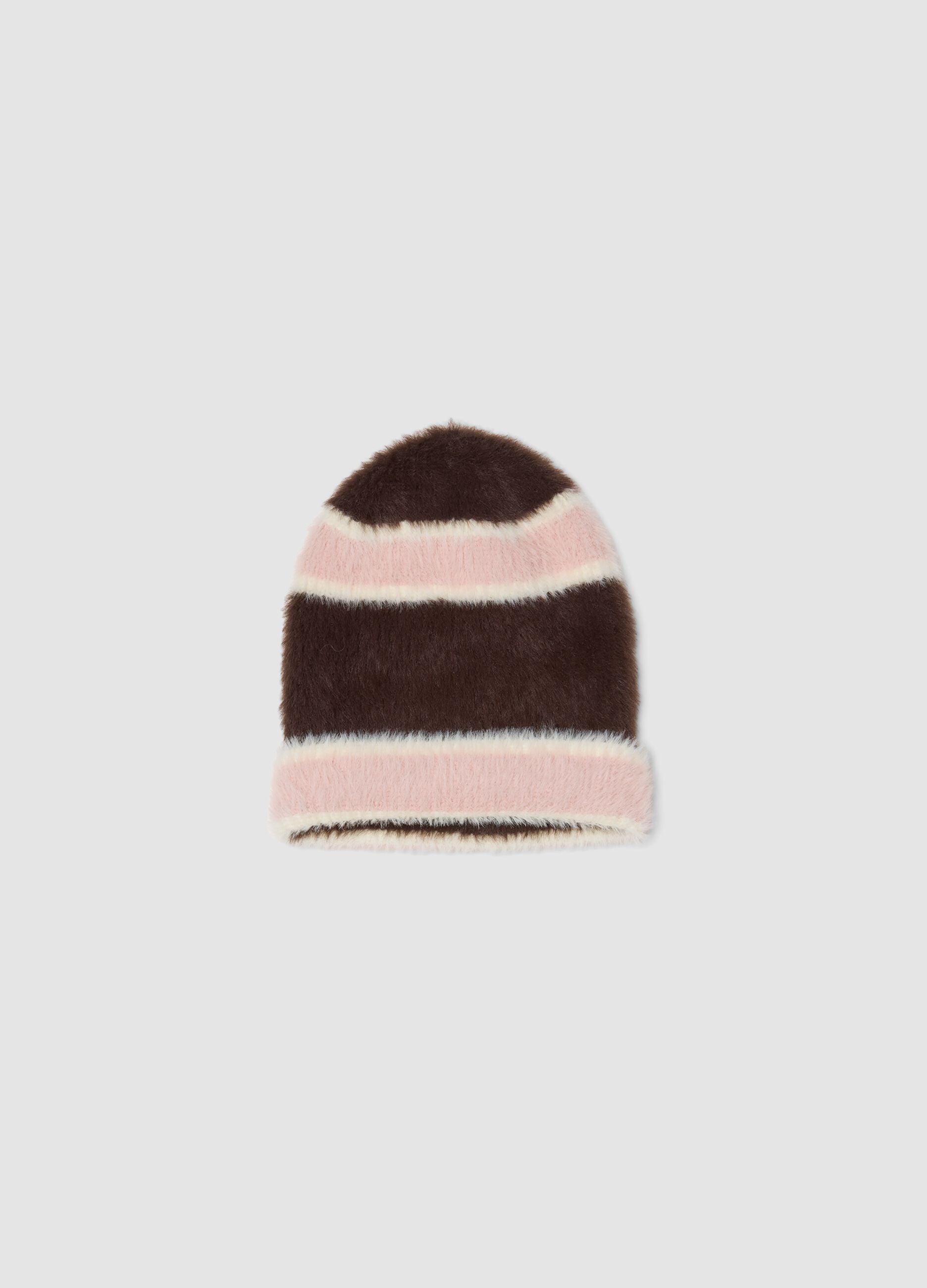 Brown and pink striped viscose-blend hat