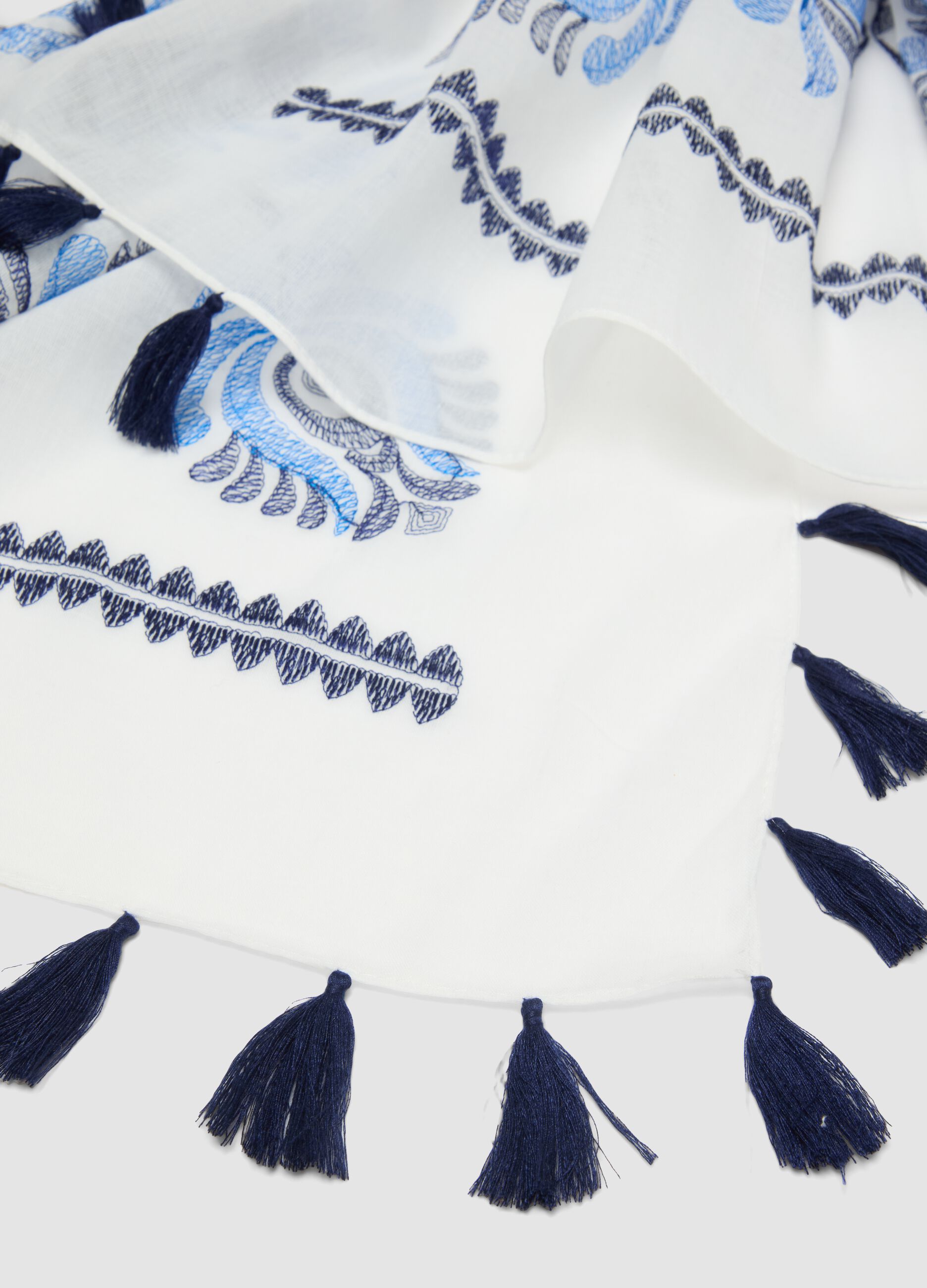 White pure cotton scarf with blue floral embroidery