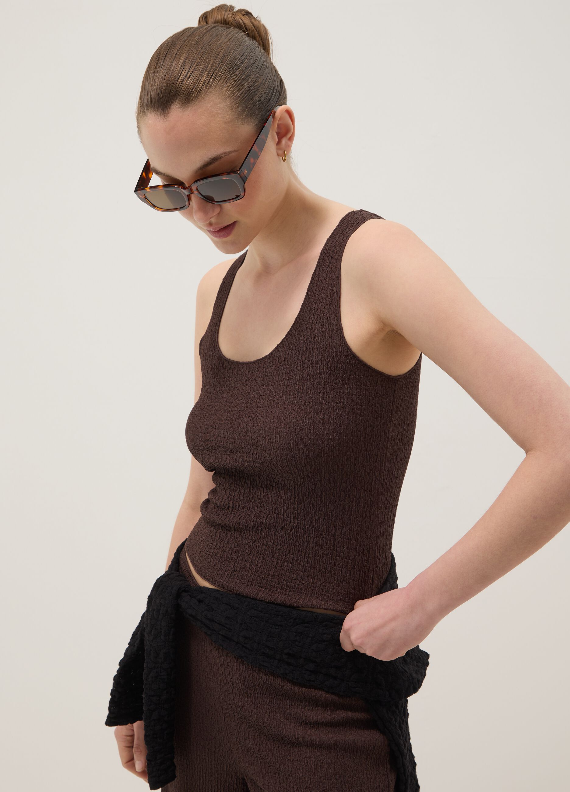 Brown textured stretch vest top