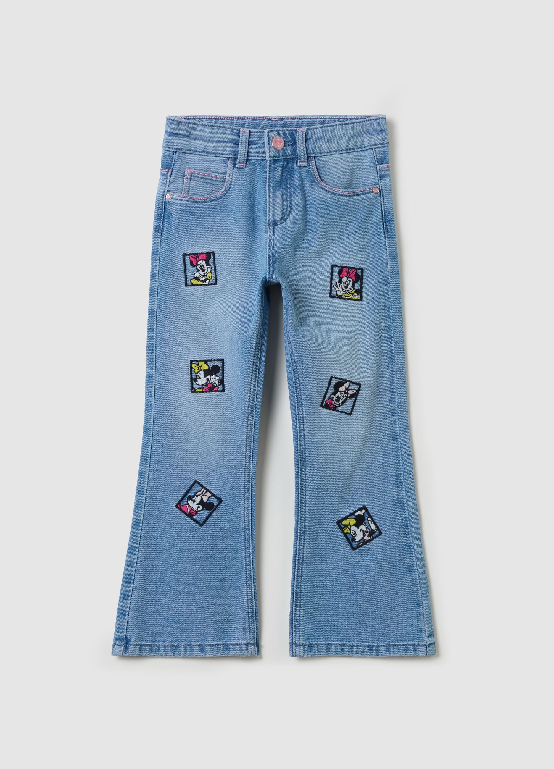 Flare-fit jeans with five pockets and Minnie Mouse embroidery