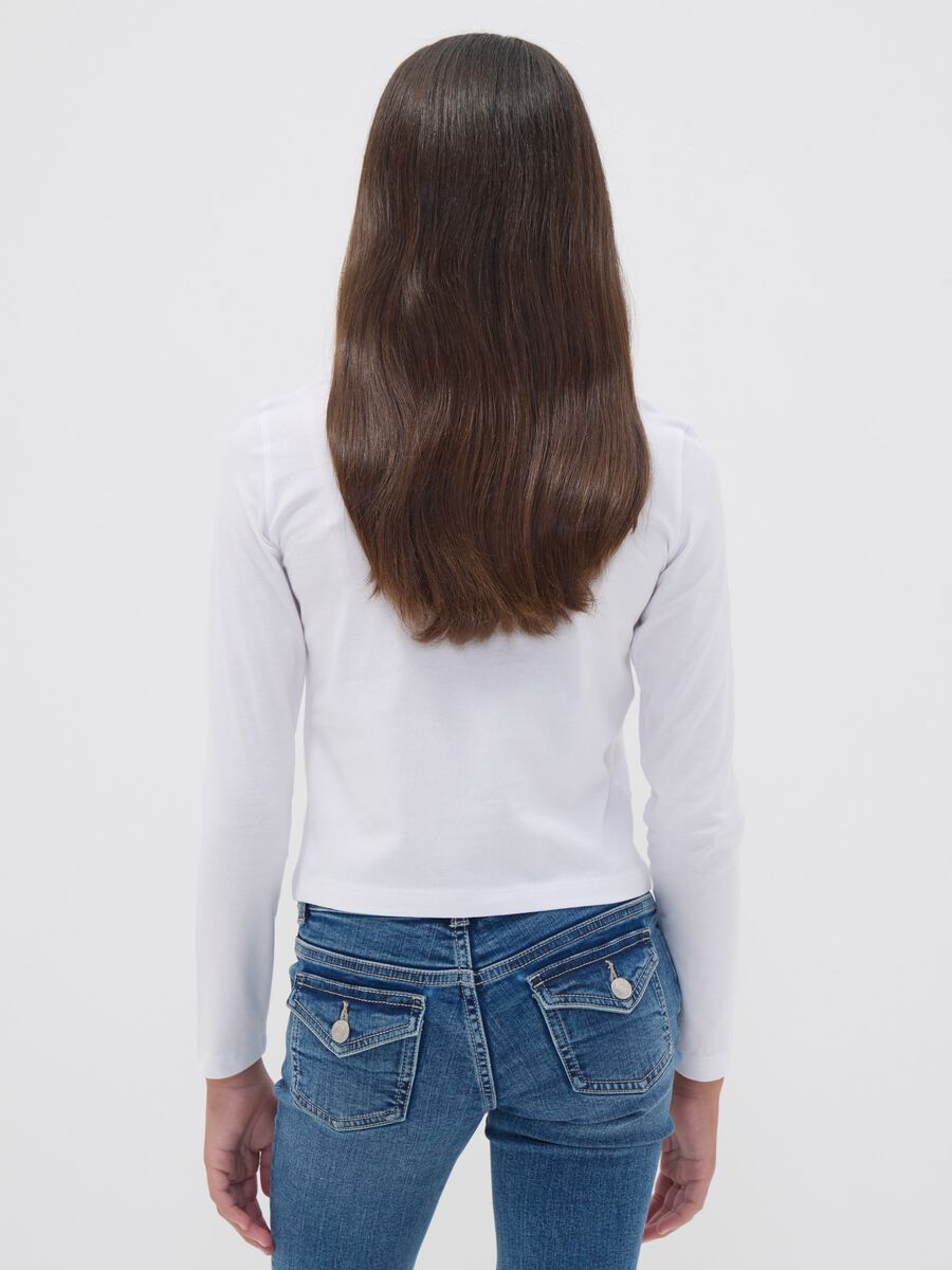 T-shirt bianca in puro cotone con girocollo e stampa orsetto per ragazza_2