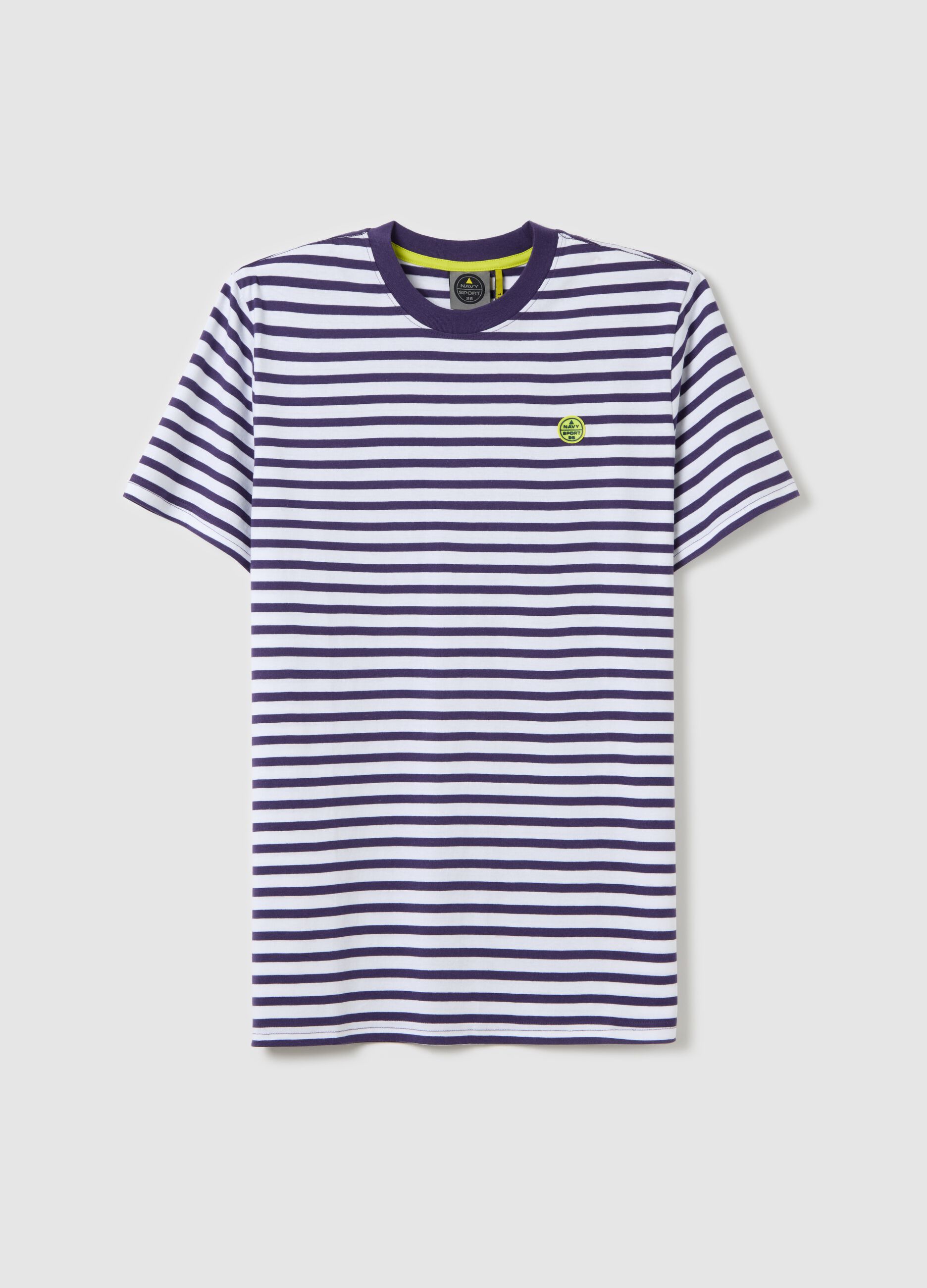 Blue and white striped T-shirt with logo