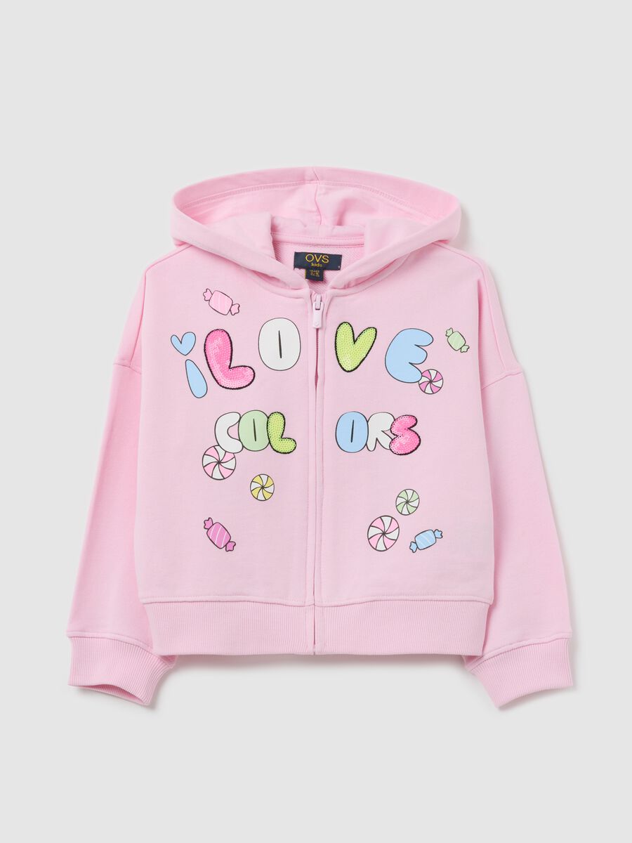 Pink full-zip sweatshirt with hood, print and sequins_0