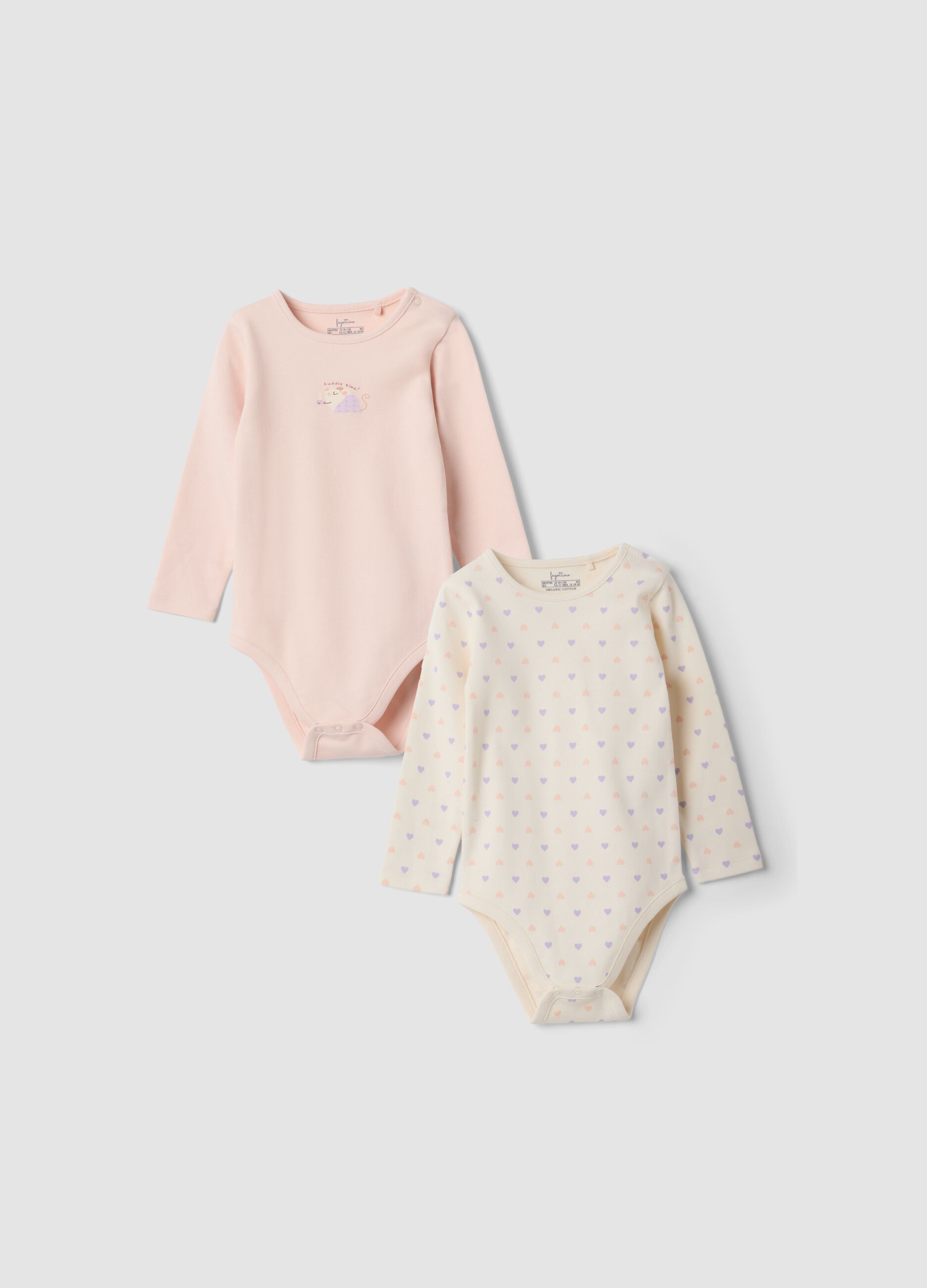 2-pack baby girl bodysuits in pink and beige, 100% organic cotton, crew neck