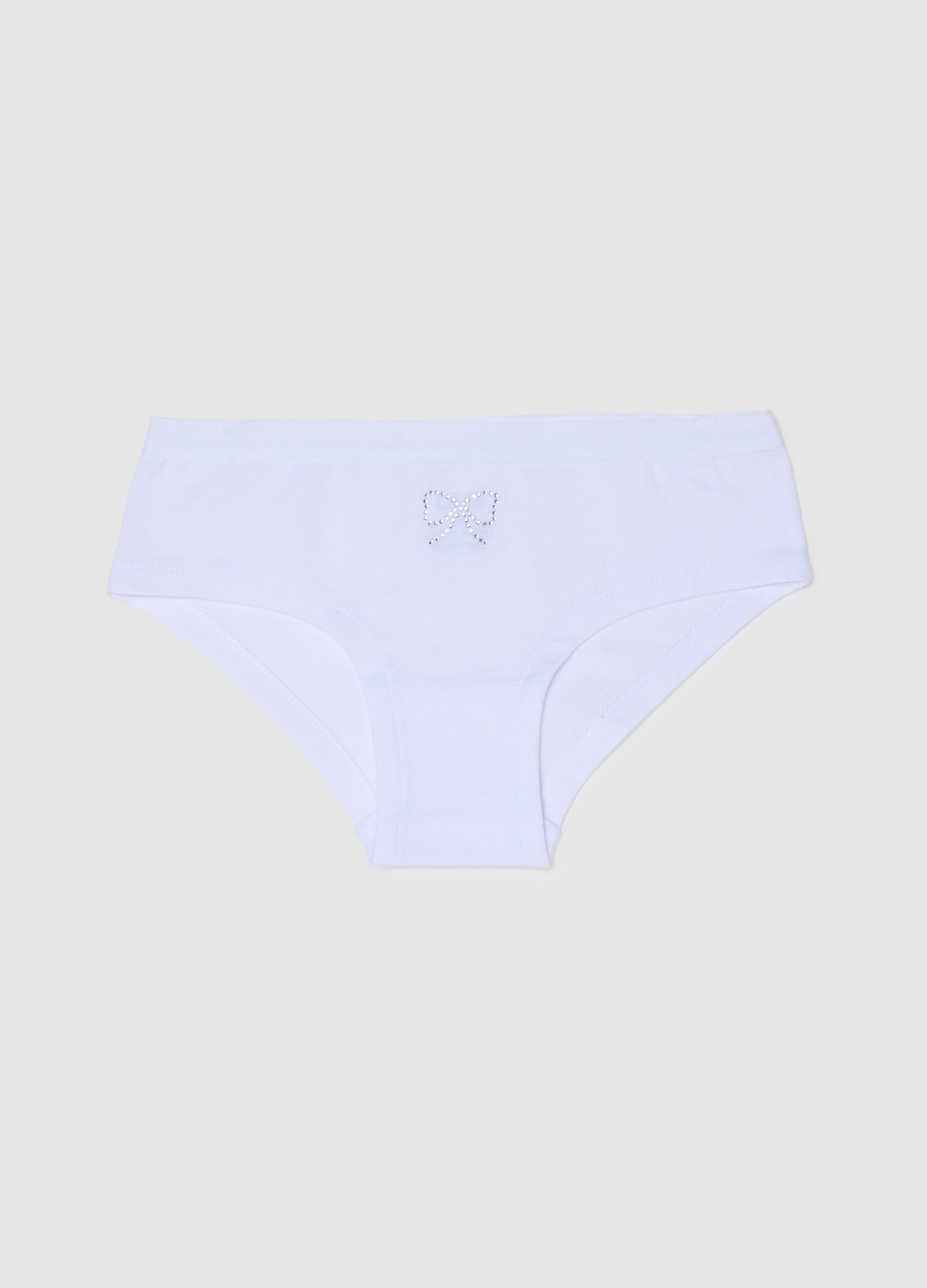 Girls' white cotton regular fit knickers with rhinestone bow
