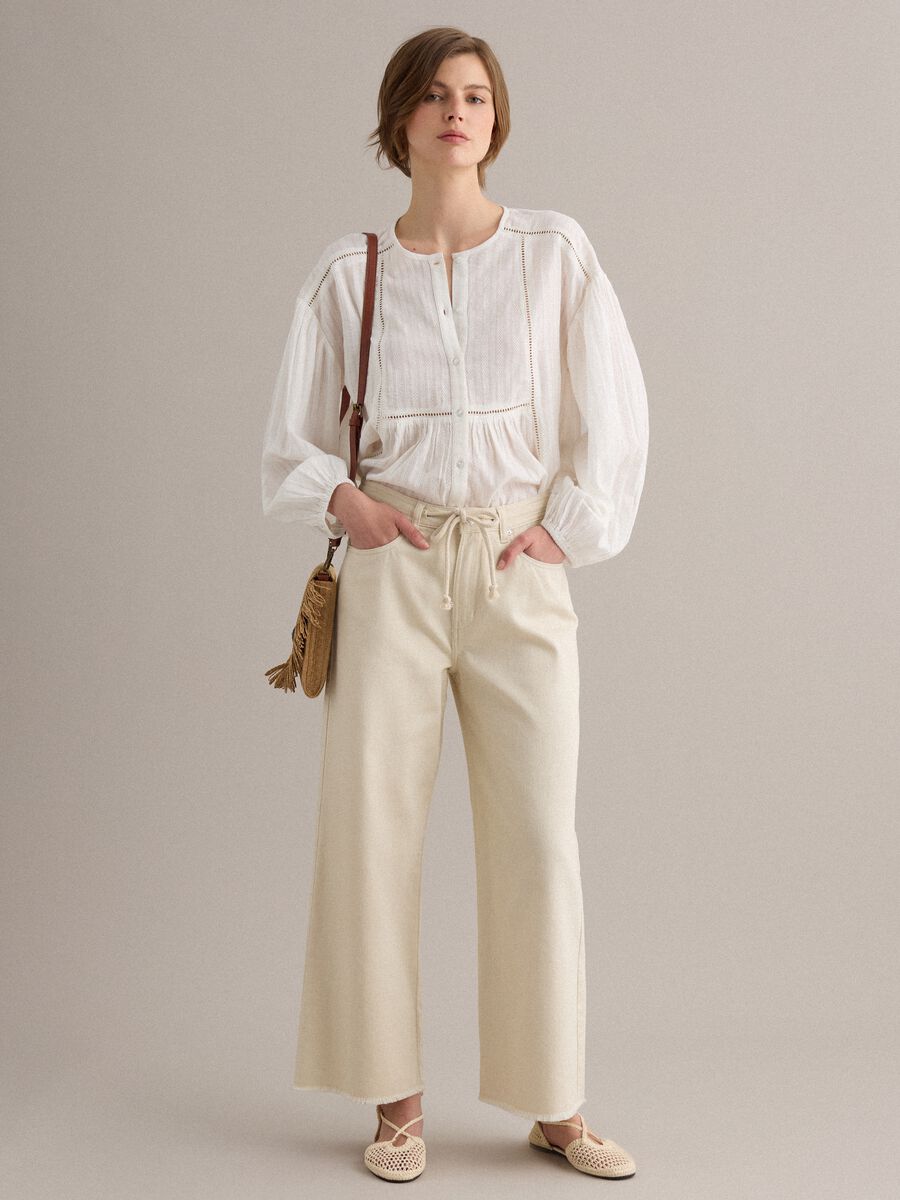 Pantaloni in puro cotone bianco straight fit con coulisse_0