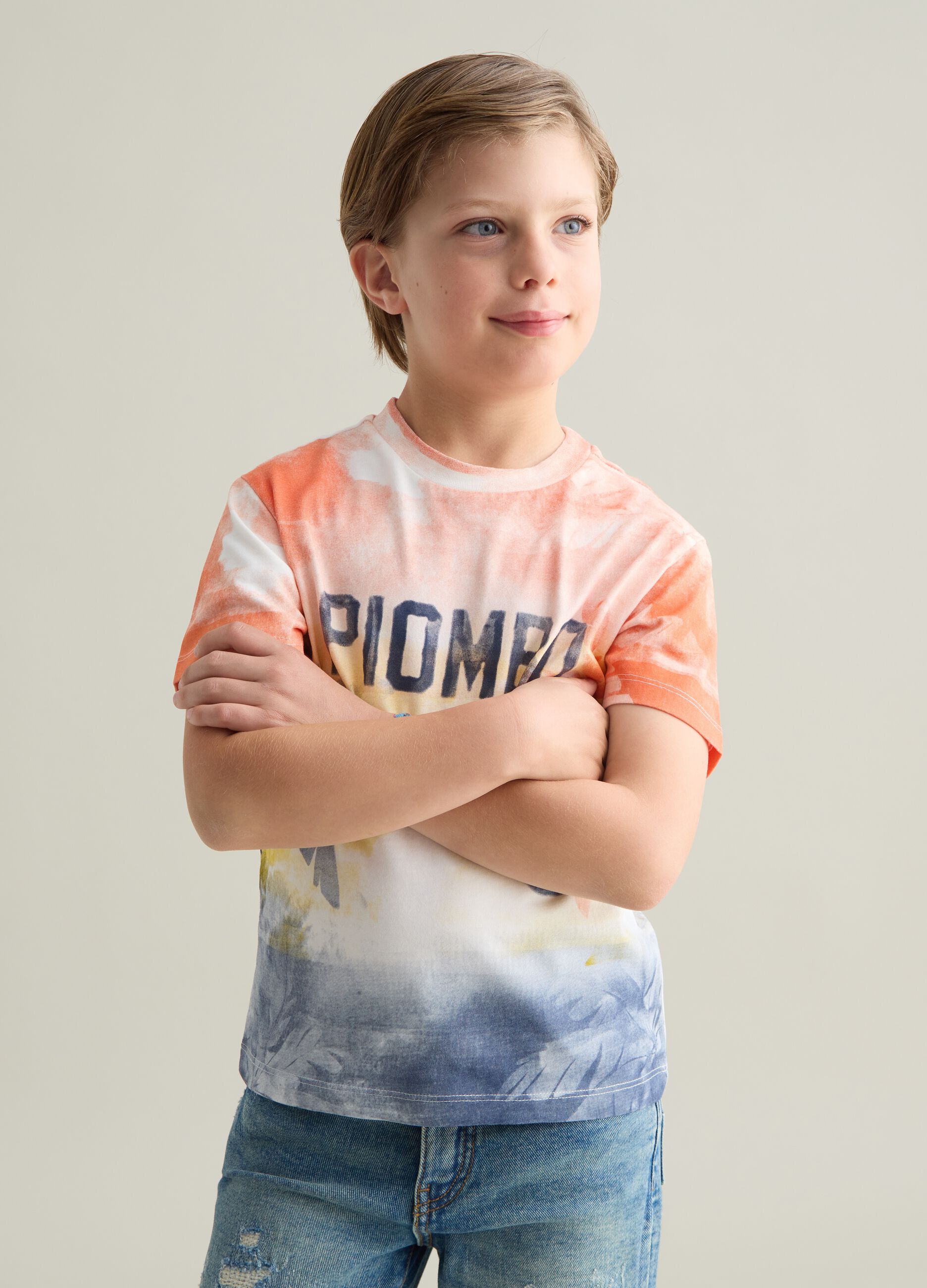 Yellow and orange dip-dye T-shirt with logo and palms print