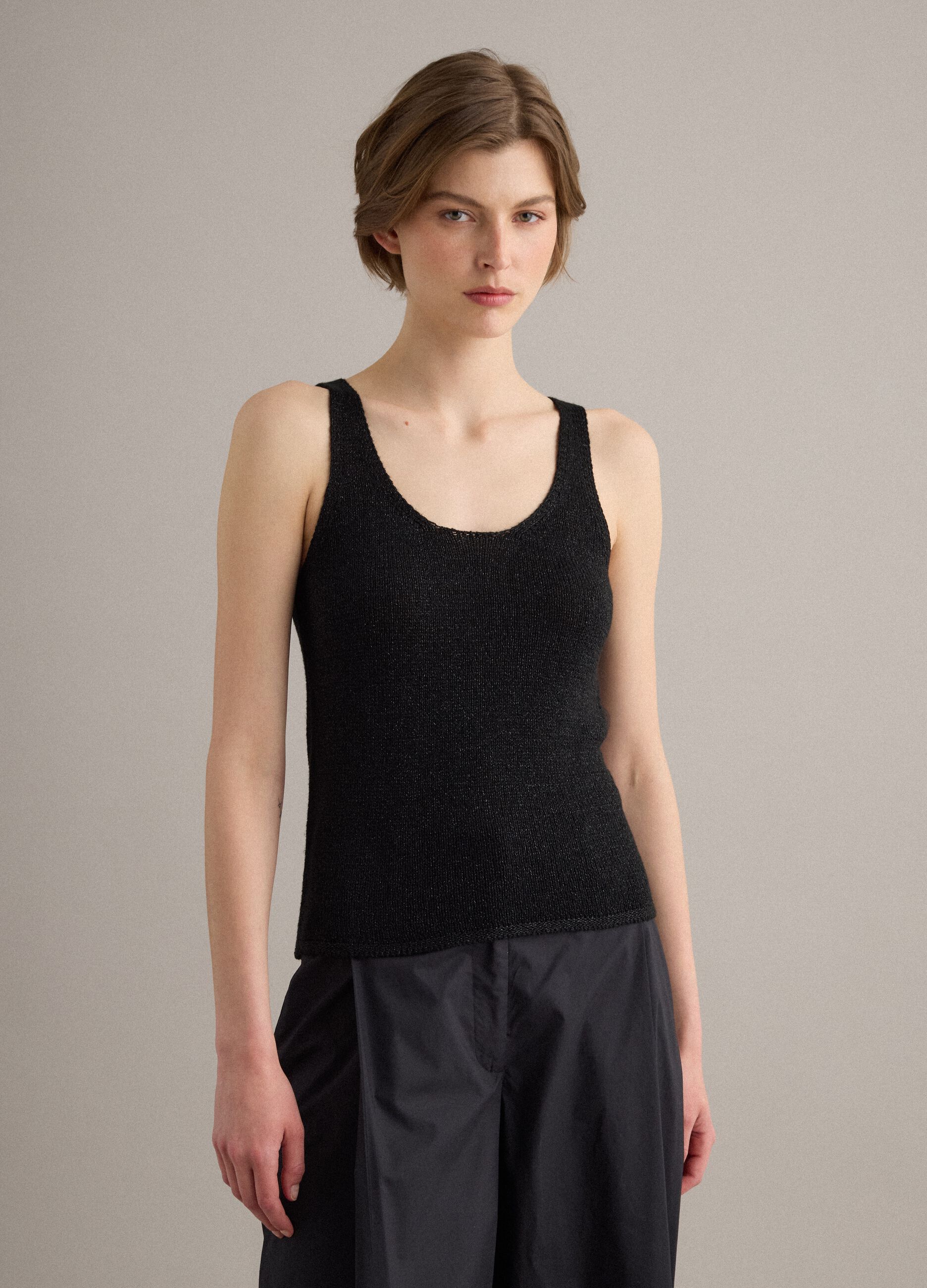 Black viscose-blend glitter tank top, regular fit