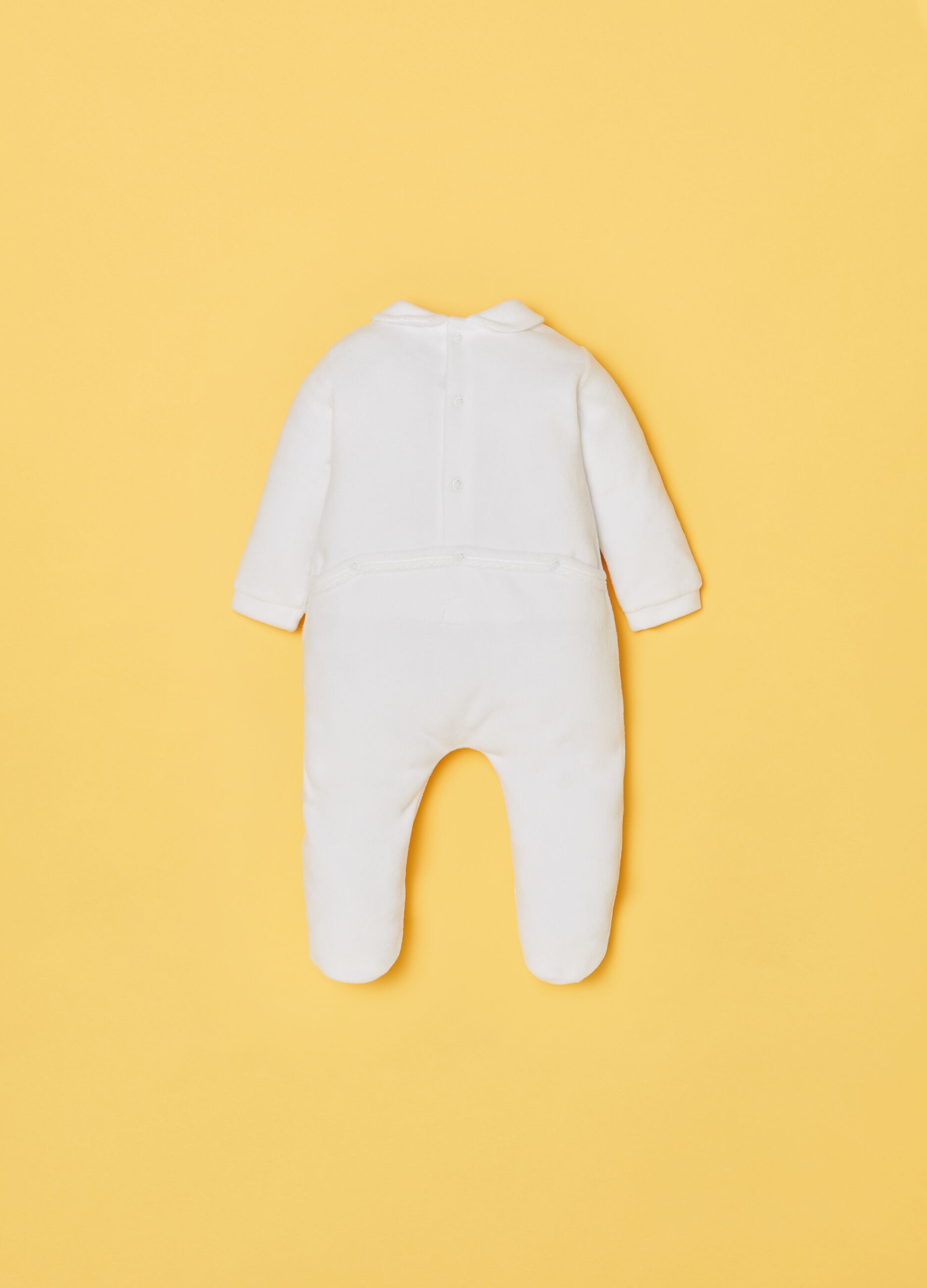 Velvet onesie with feet and embroidery