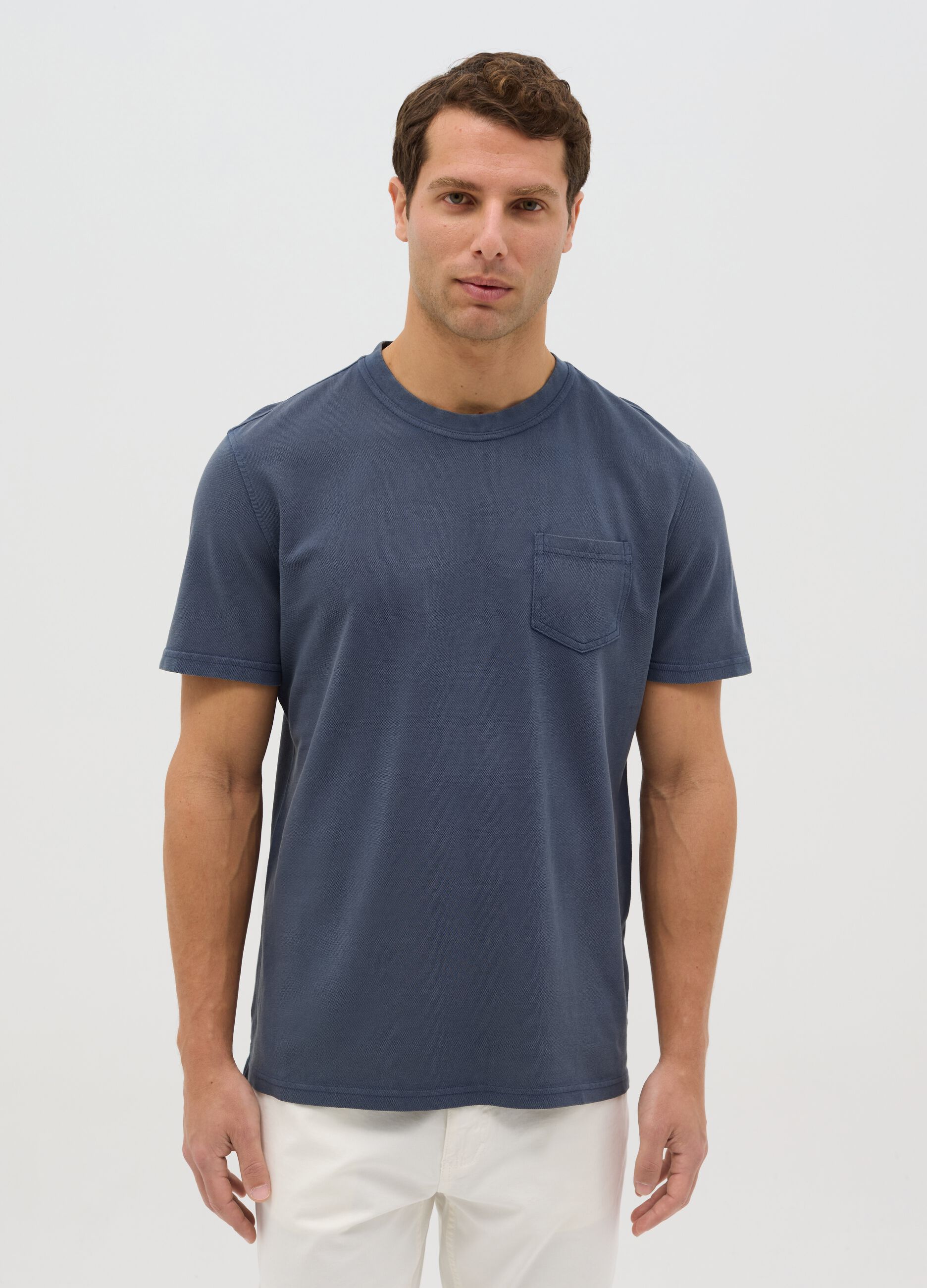 Blue cotton T-shirt with pocket
