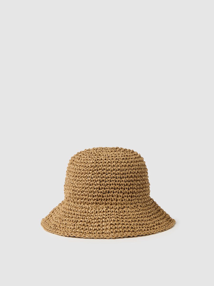 Beige cloche hat in woven straw_0