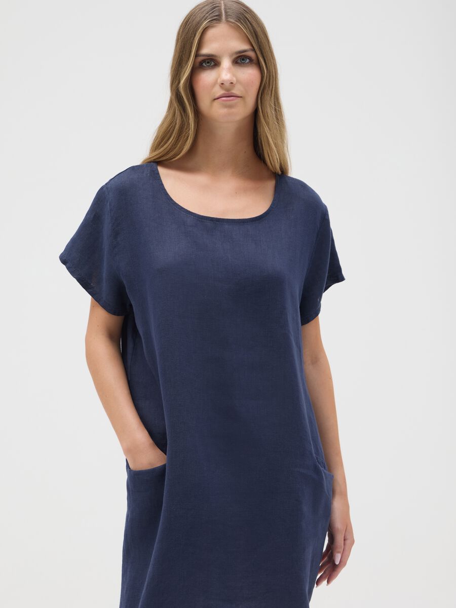 Women's pure blue linen dress regular fit_1