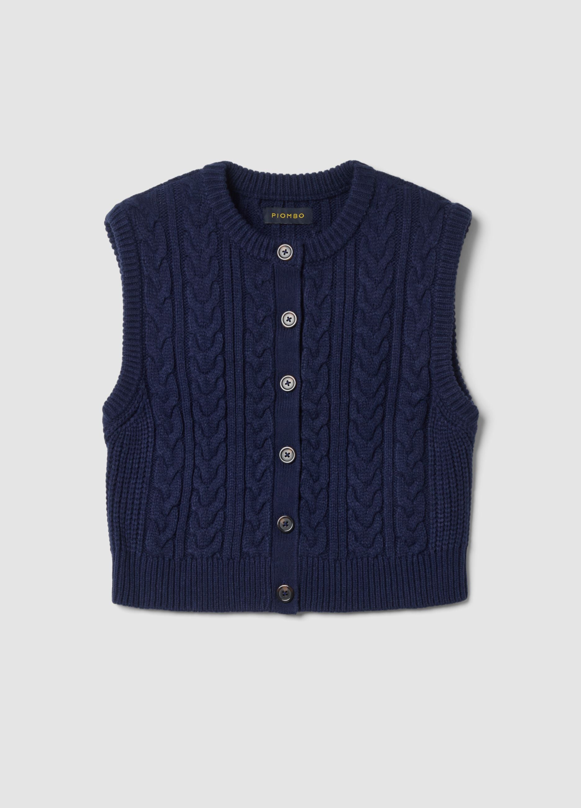 Blue crew-neck cable-knit wool-blend gilet