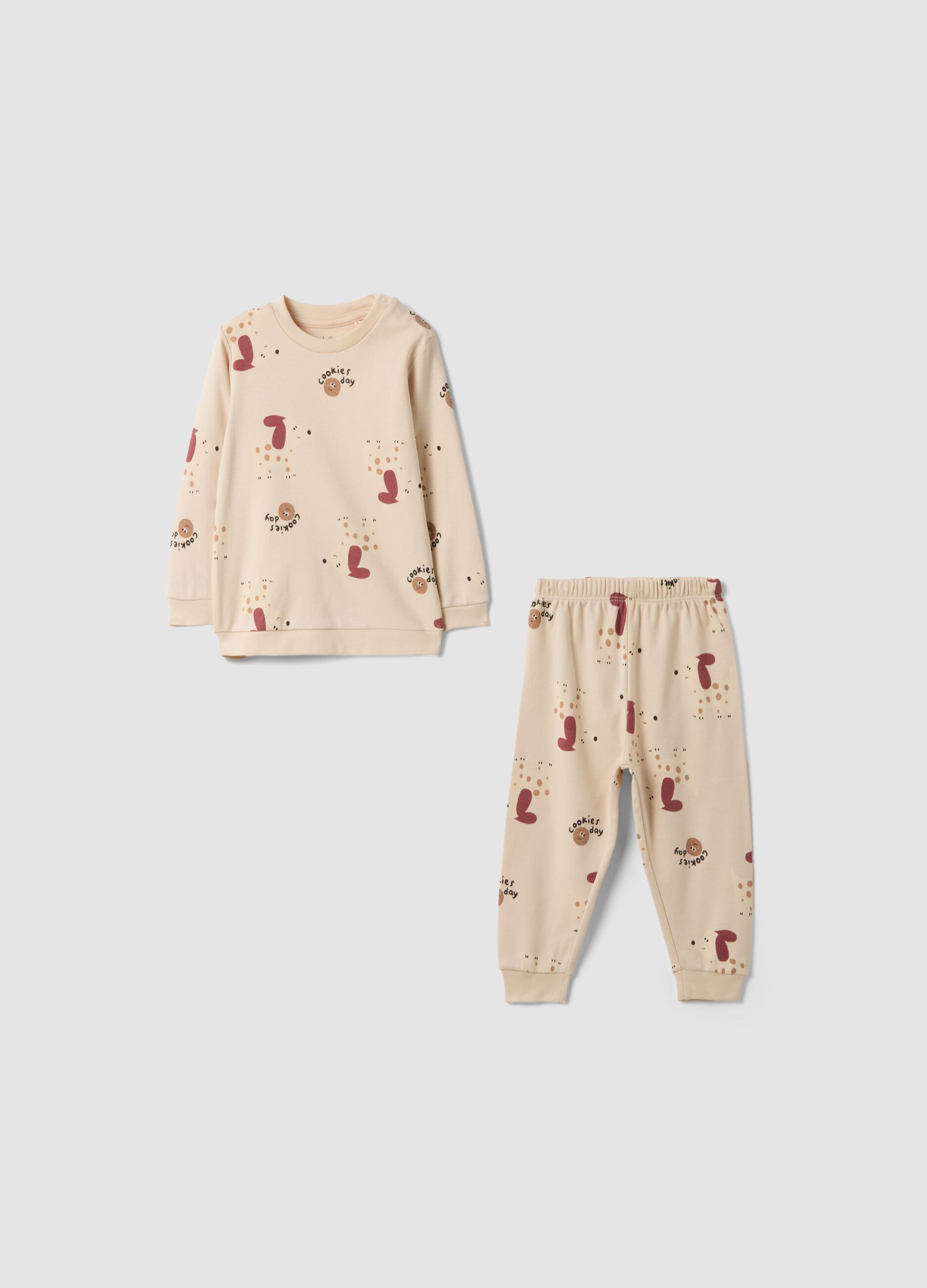 Pigiama beige in puro cotone organico con girocollo e fantasia per neonato