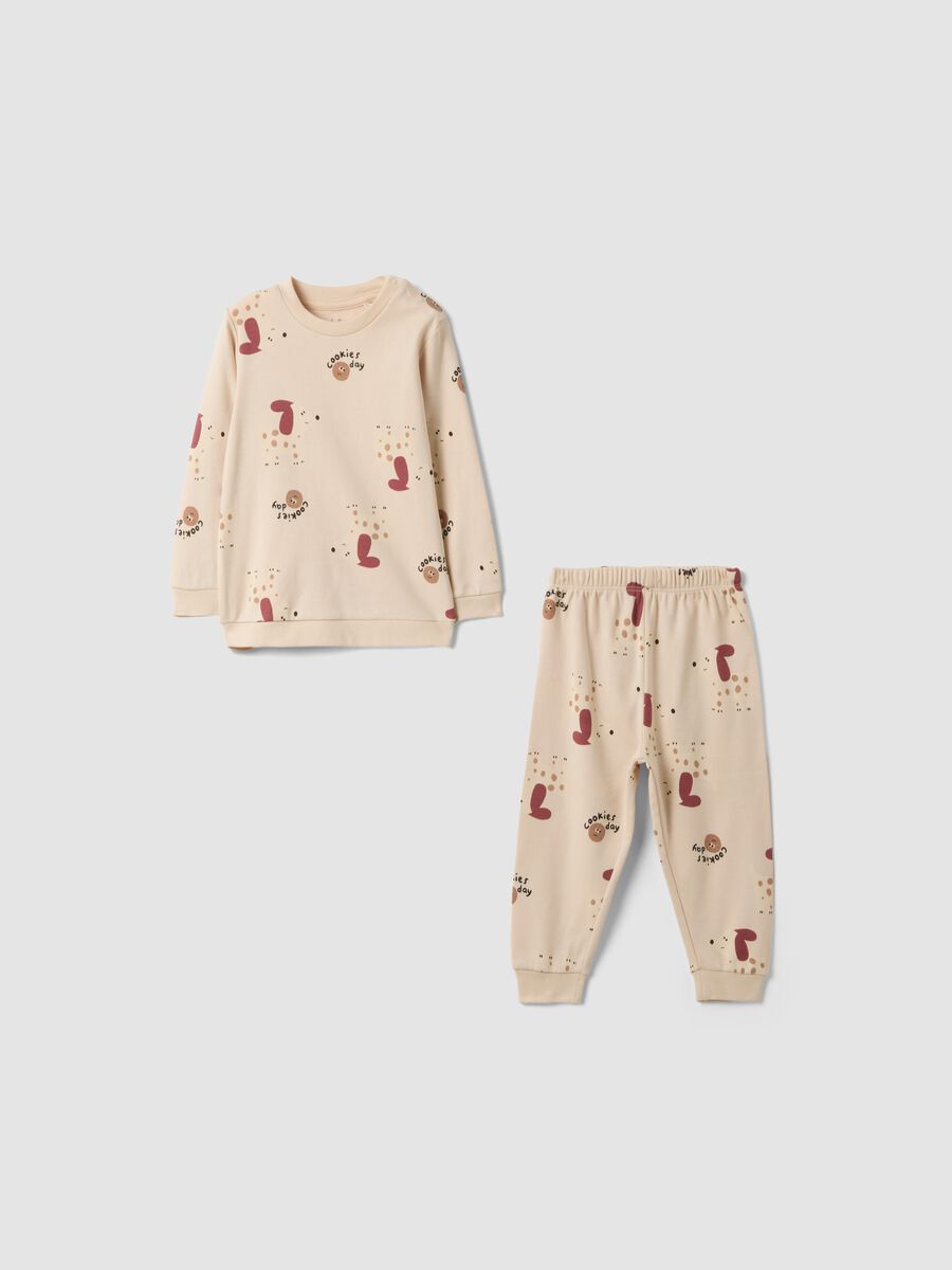 Pigiama beige in puro cotone organico con girocollo e fantasia per neonato_0