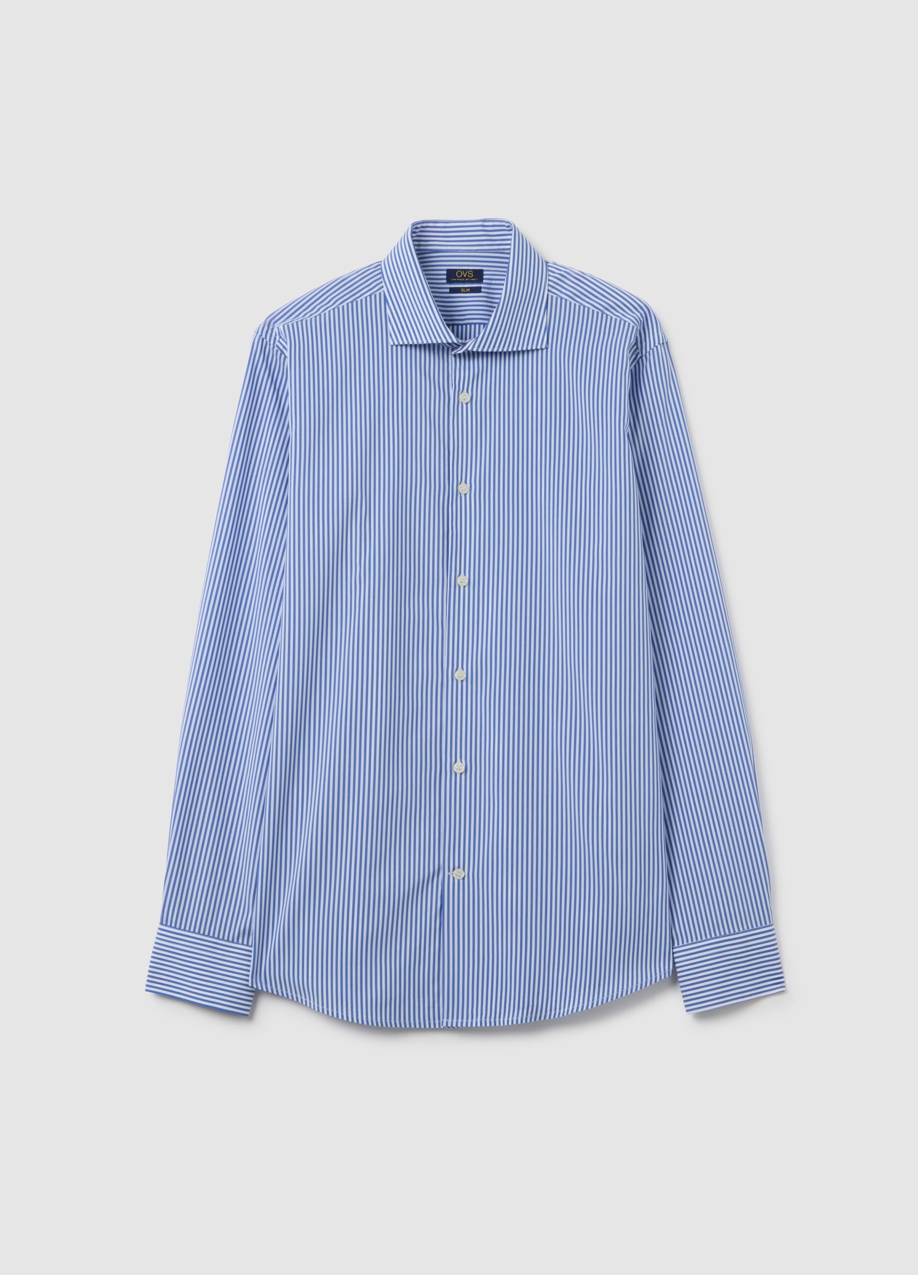 Slim Blue Striped Shirt with French Collar and Buttons