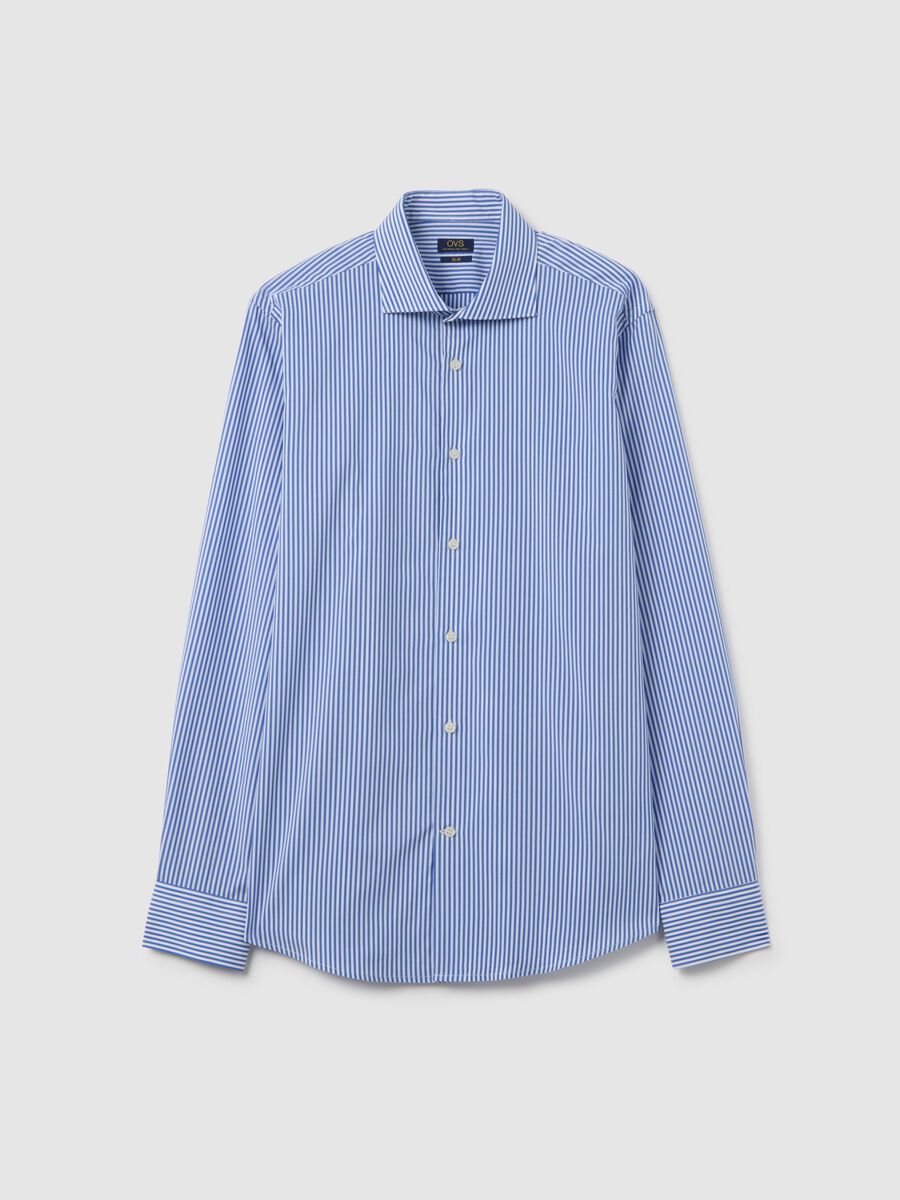 Slim Blue Striped Shirt with French Collar and Buttons_0