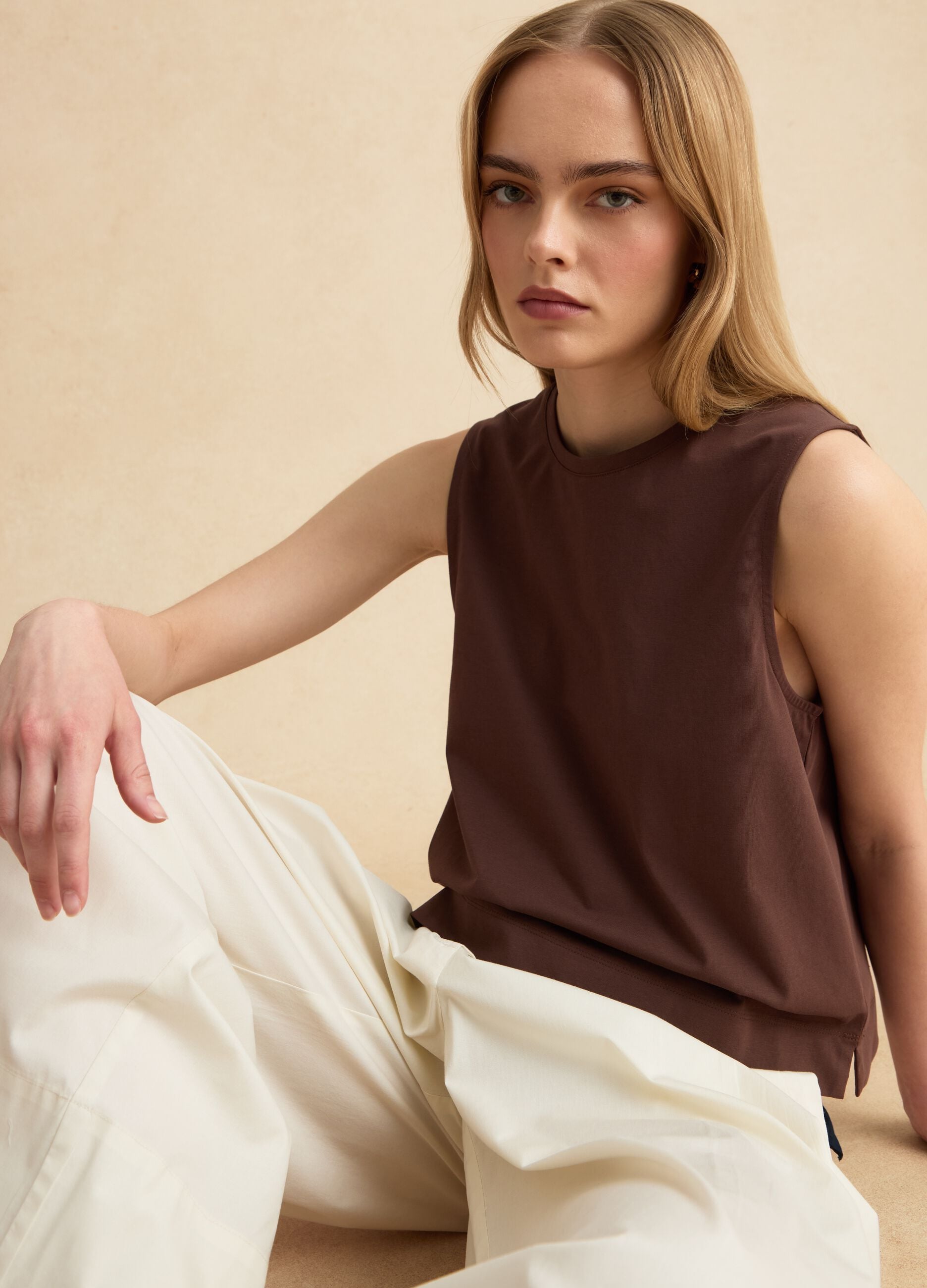 Brown cotton-blend tank top