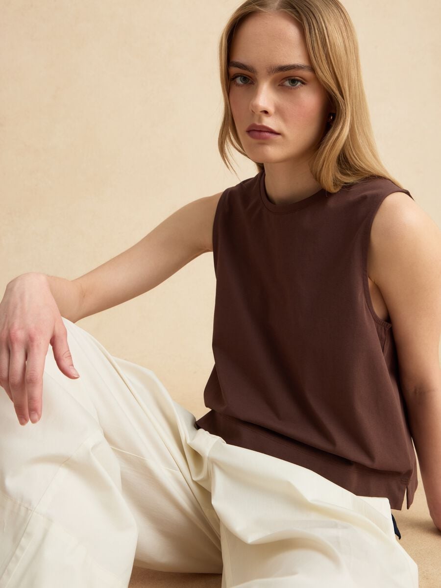 Brown cotton-blend tank top_0