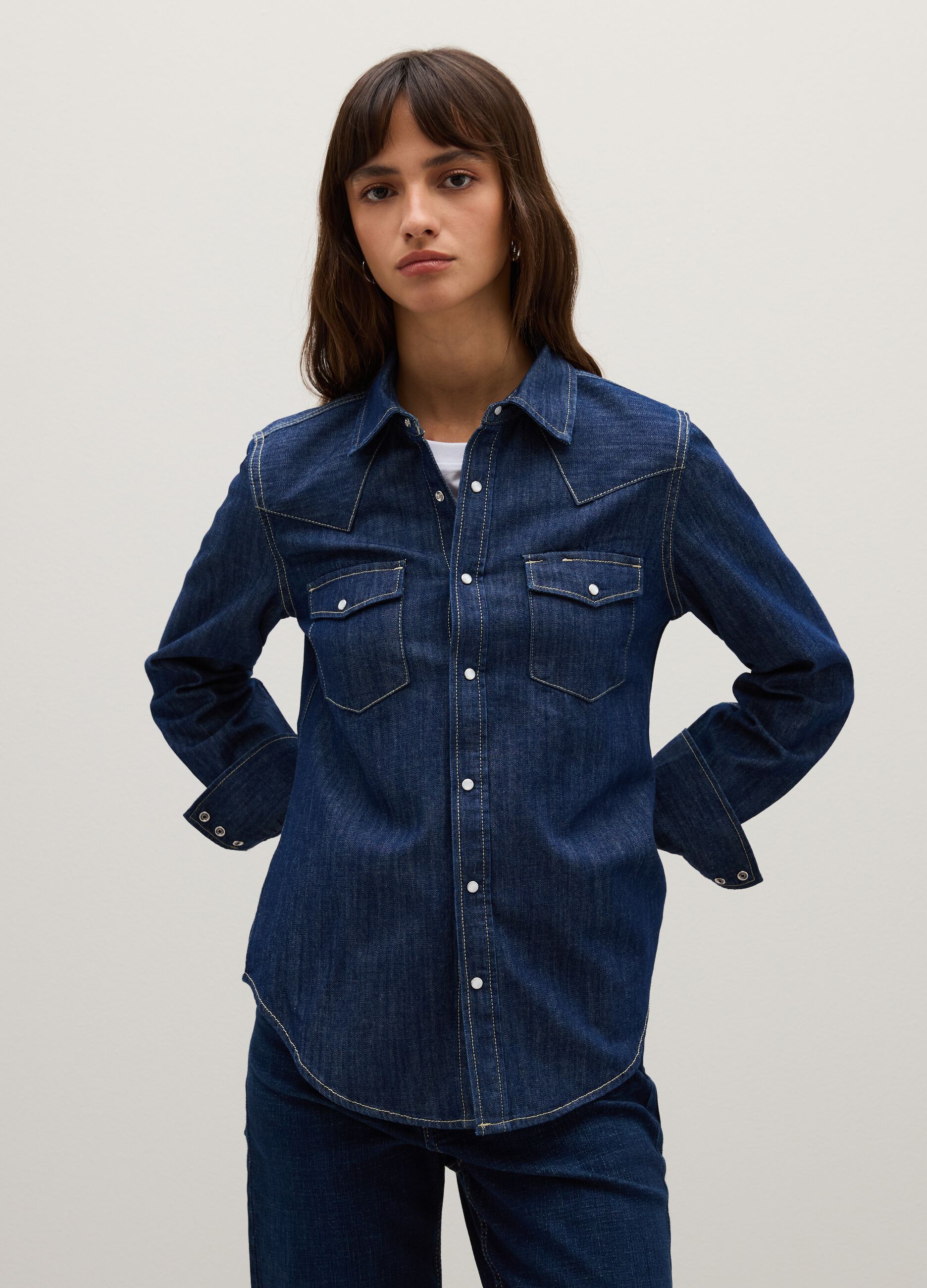 Blue denim shirt in pure cotton with long sleeves