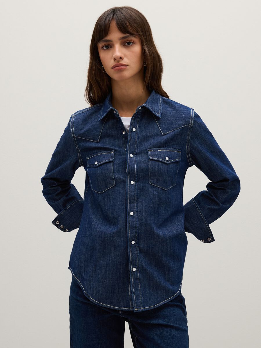 Blue denim shirt in pure cotton with long sleeves_0