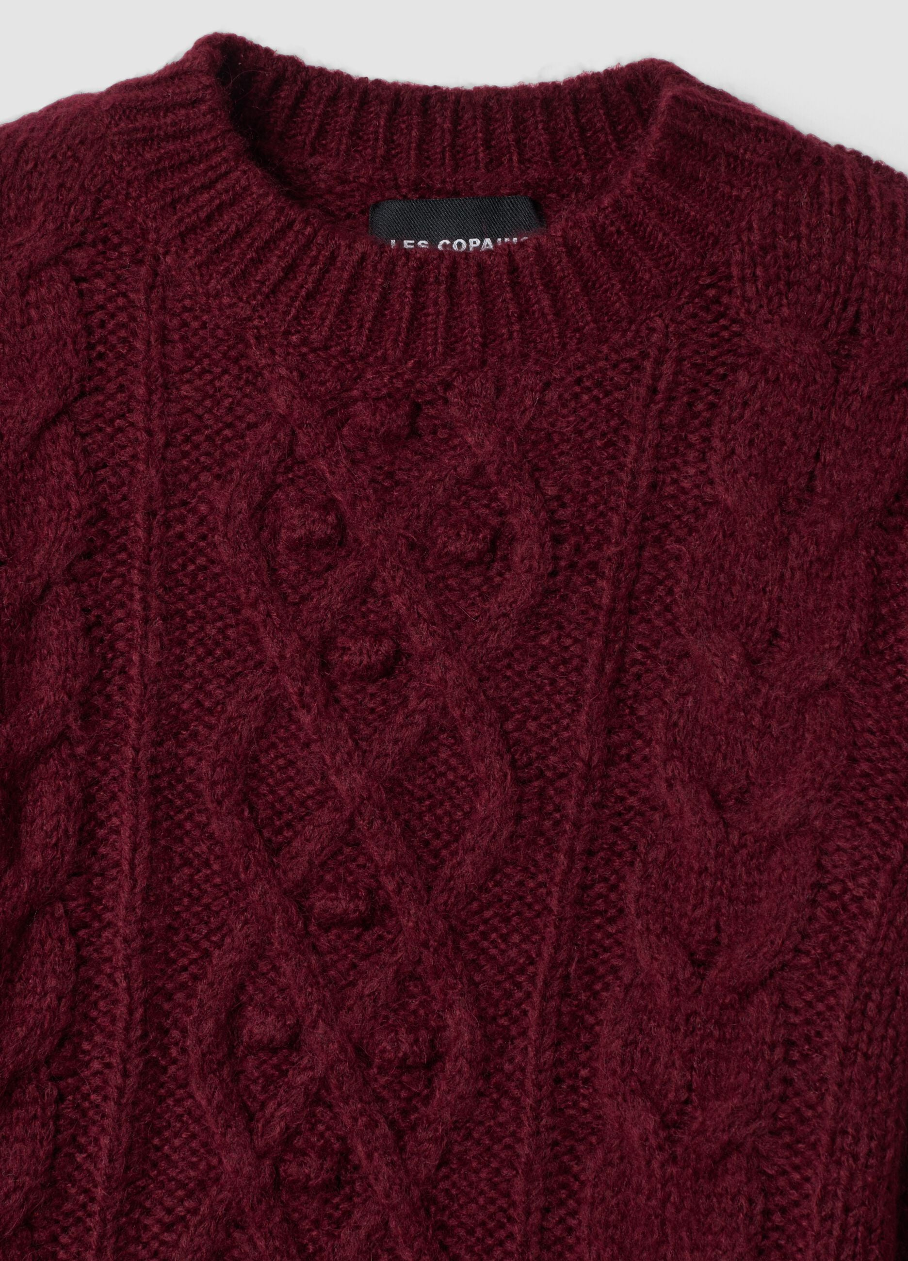 Burgundy red crew-neck cable-knit wool-blend jumper, regular fit