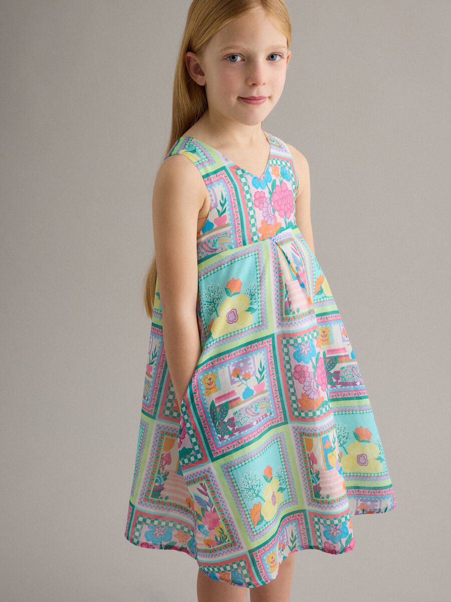 Vestito senza maniche in puro cotone multicolor da bambina con fiori_0