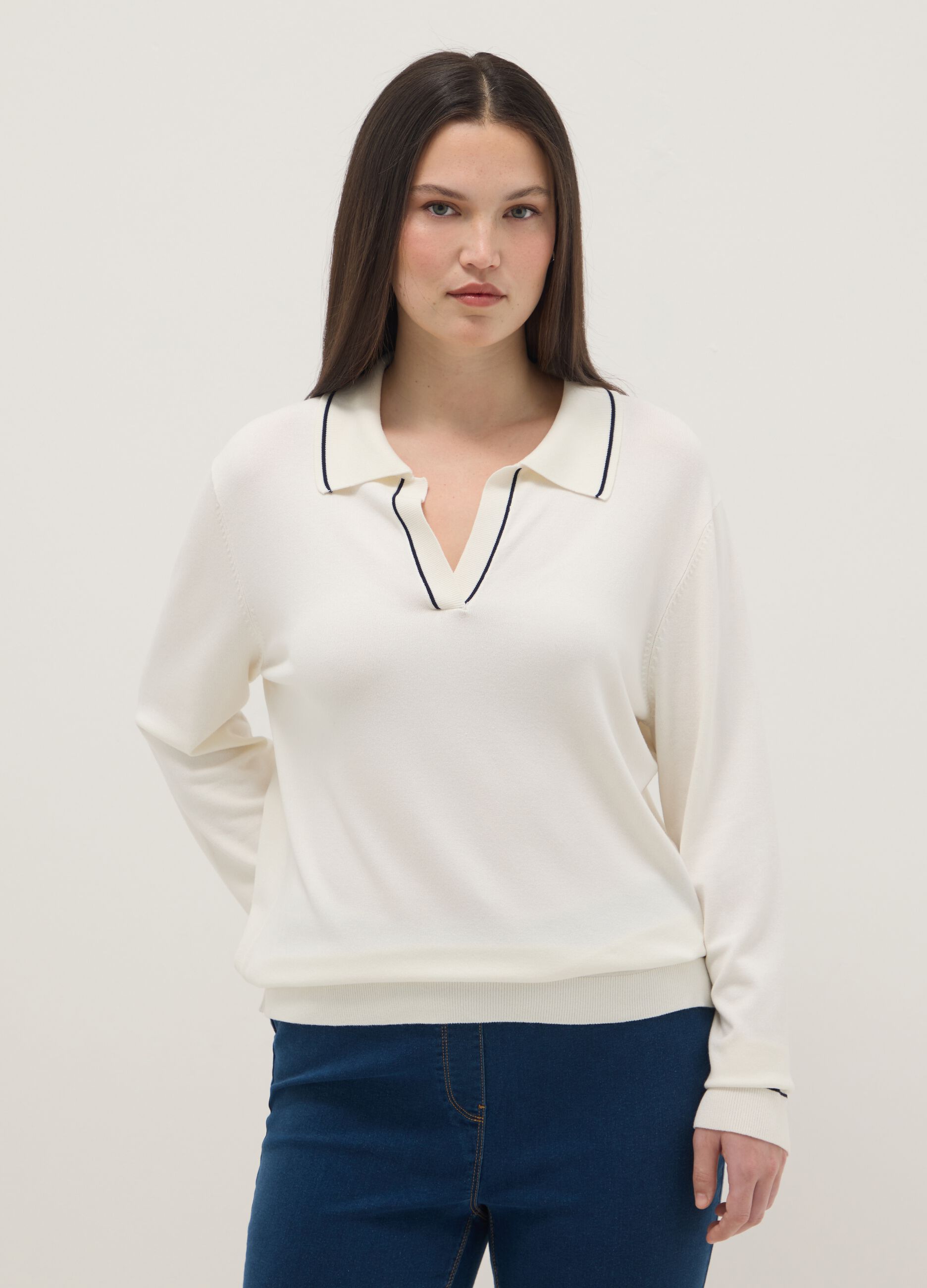White viscose blend sweater with regular fit polo collar