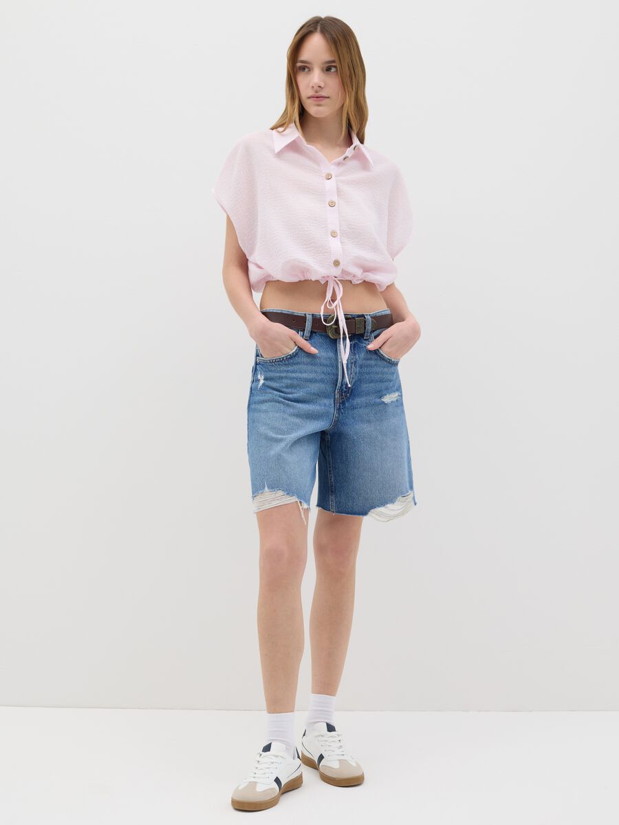 Women’s cropped shirt in pink stretch cotton with regular fit_1