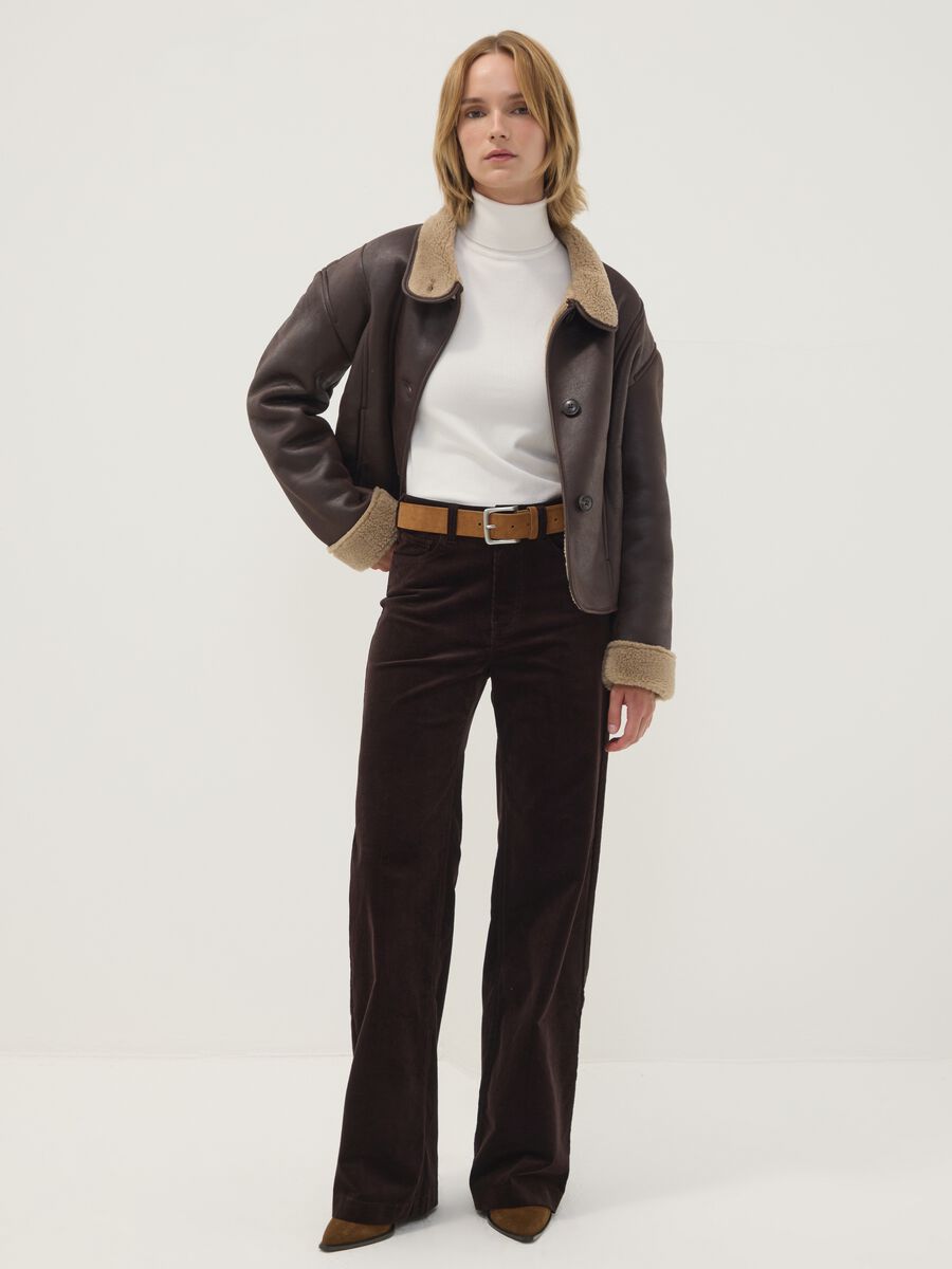 Pantaloni marroni in cotone elasticizzato a coste straight fit_0