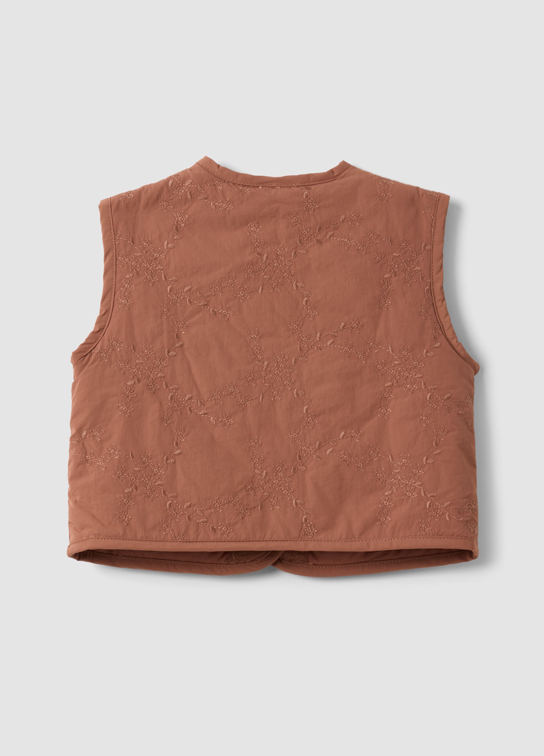 Brown padded gilet with floral embroidery
