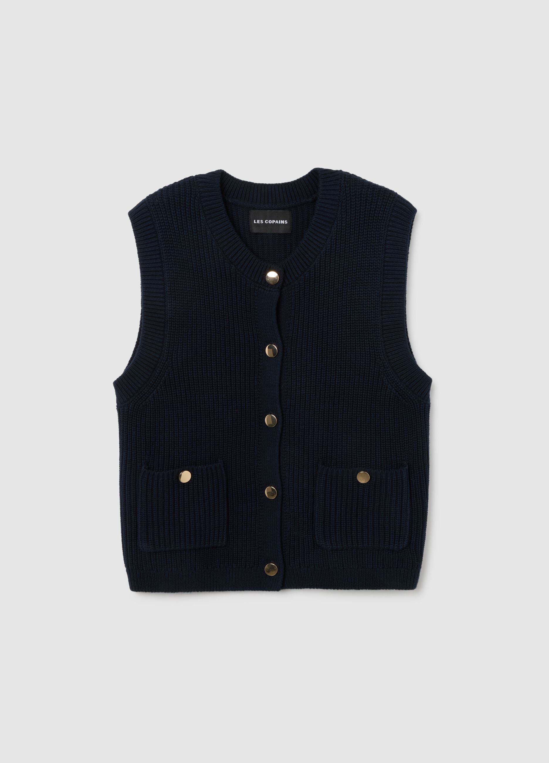 Regular fit blue pure cotton vest with buttons
