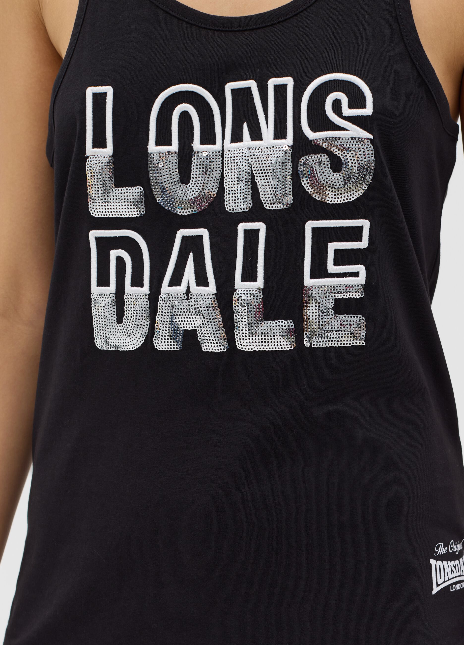 Black tank top in cotton with sequinned logo
