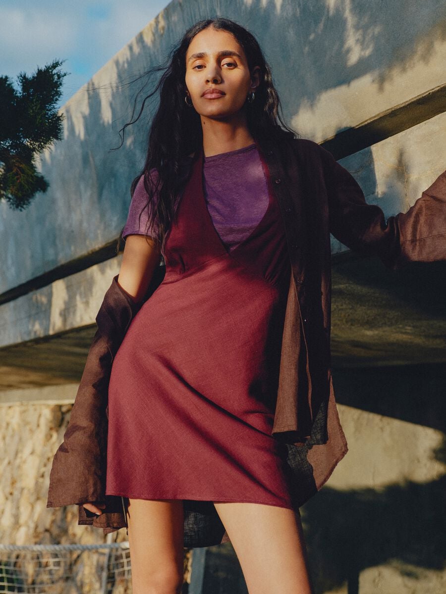 Burgundy viscose-linen blend mini dress, regular fit_0