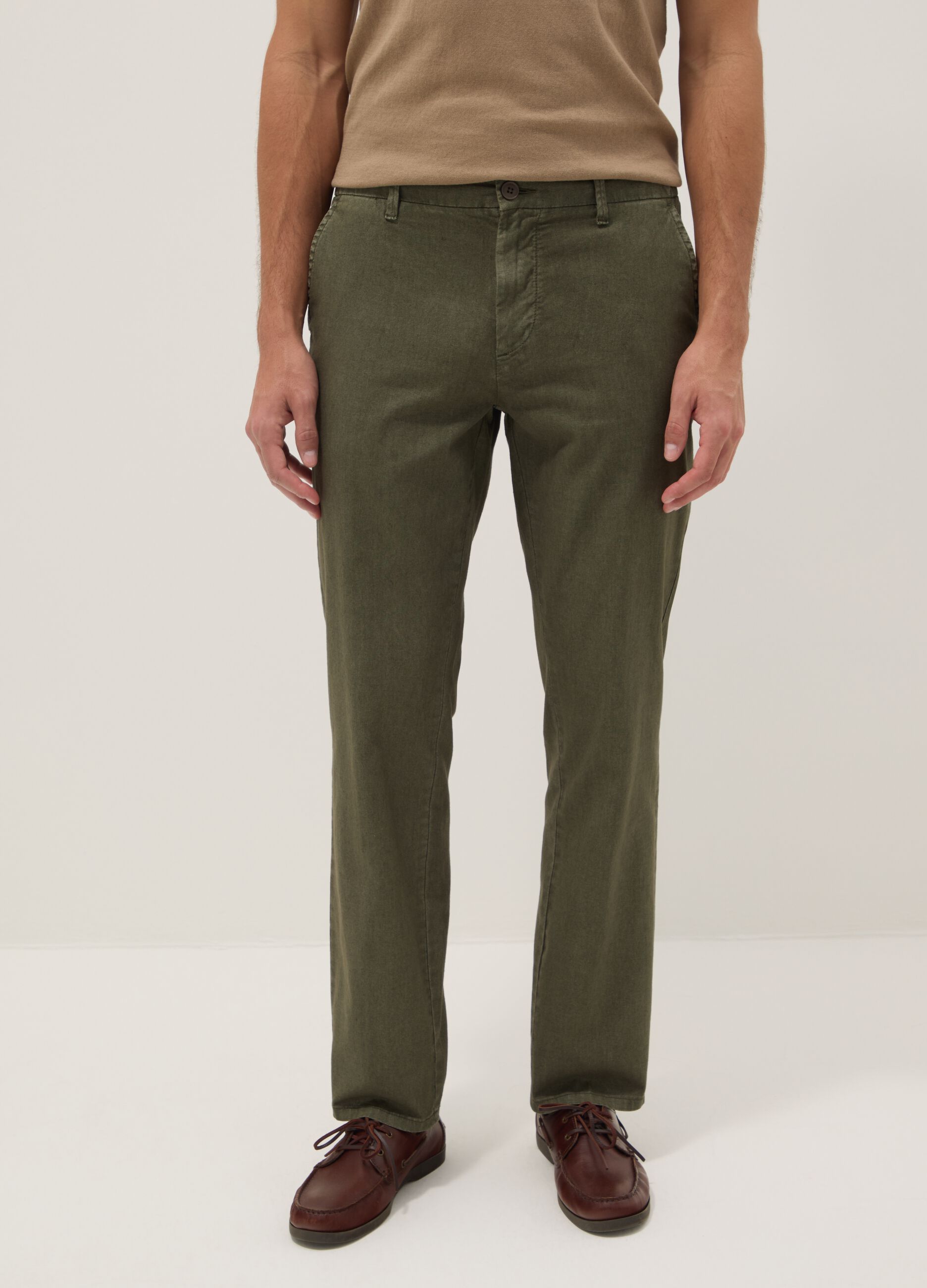 Green linen and cotton blend regular-fit chino trousers