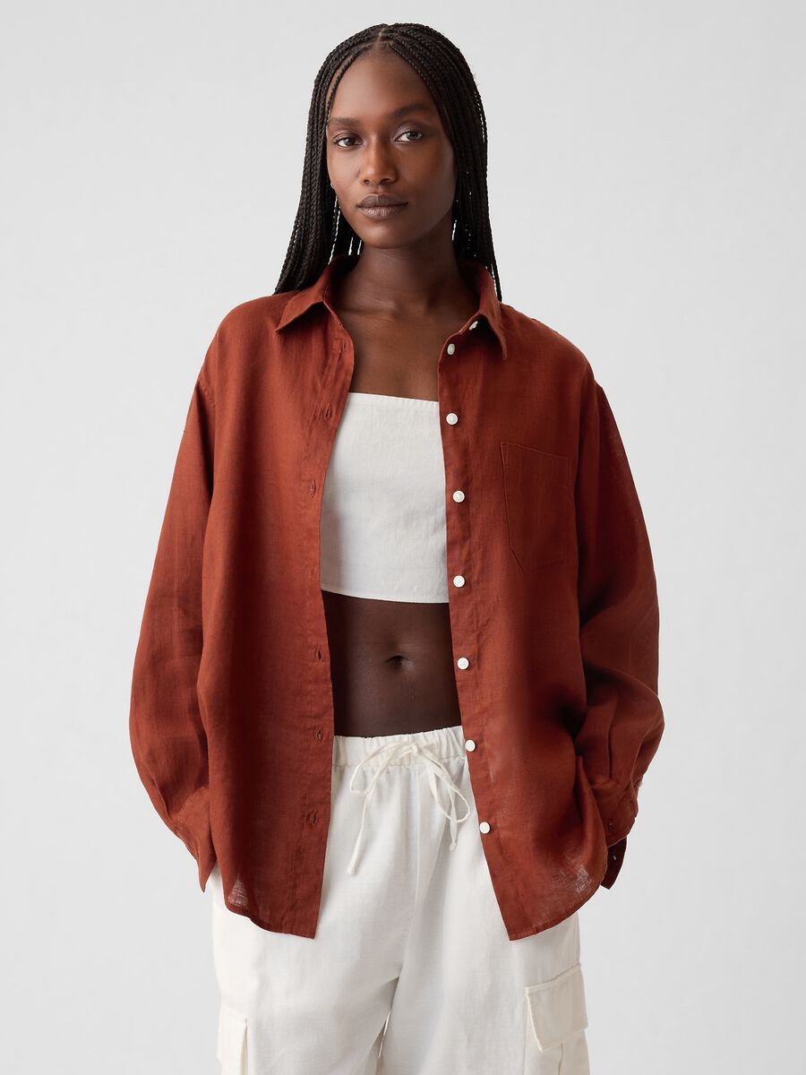 Camicia oversize in lino con tasca_0