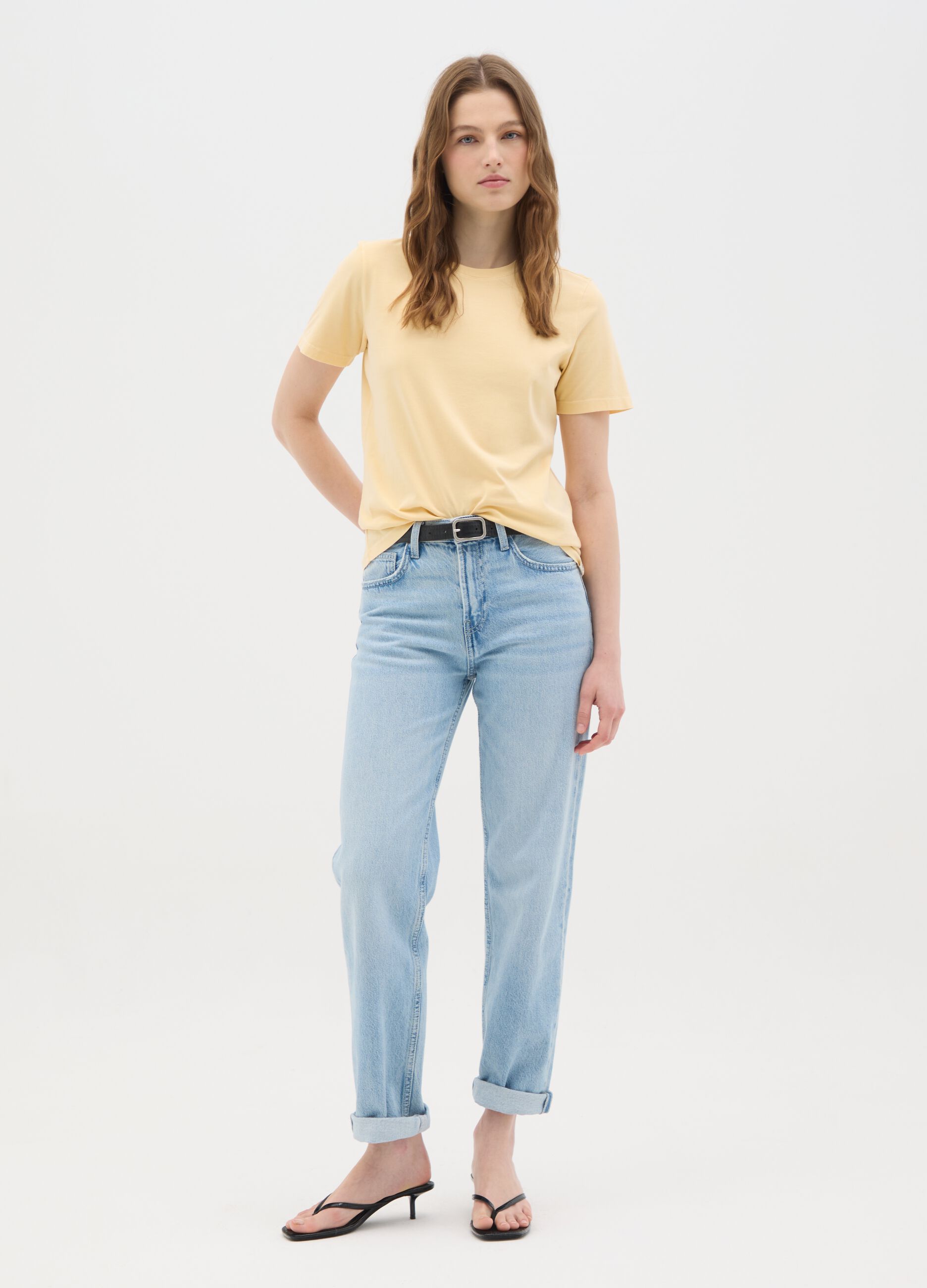 T-shirt gialla da donna in puro cotone italiano regular fit