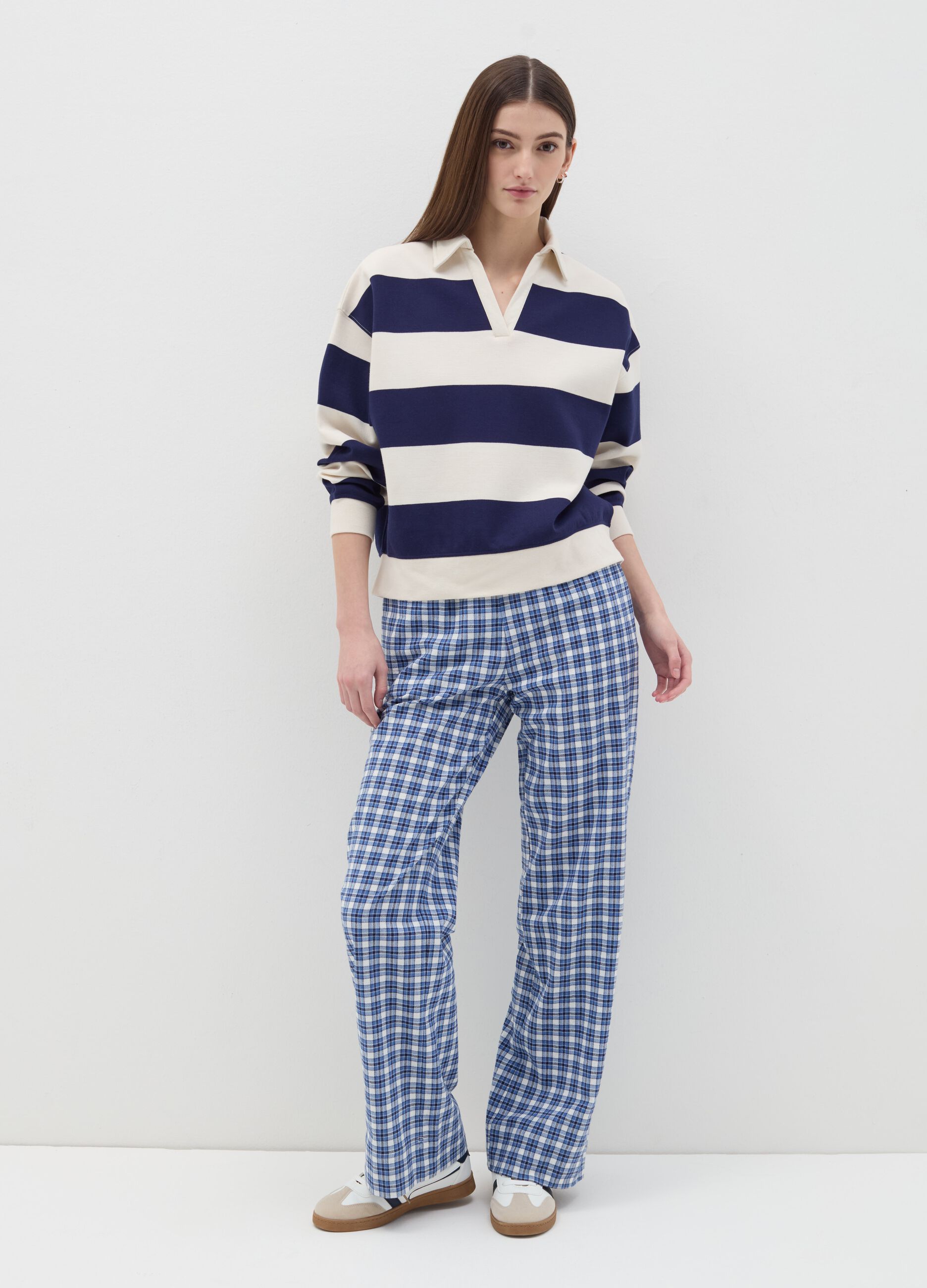 Striped sweatshirt with polo neck