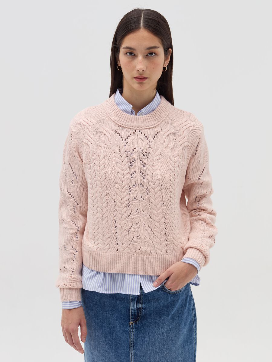 Cropped pointelle pullover with cable-knit design_0