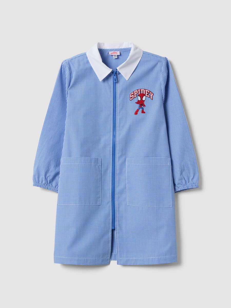 Blue gingham nursery apron with Spidey embroidery_0