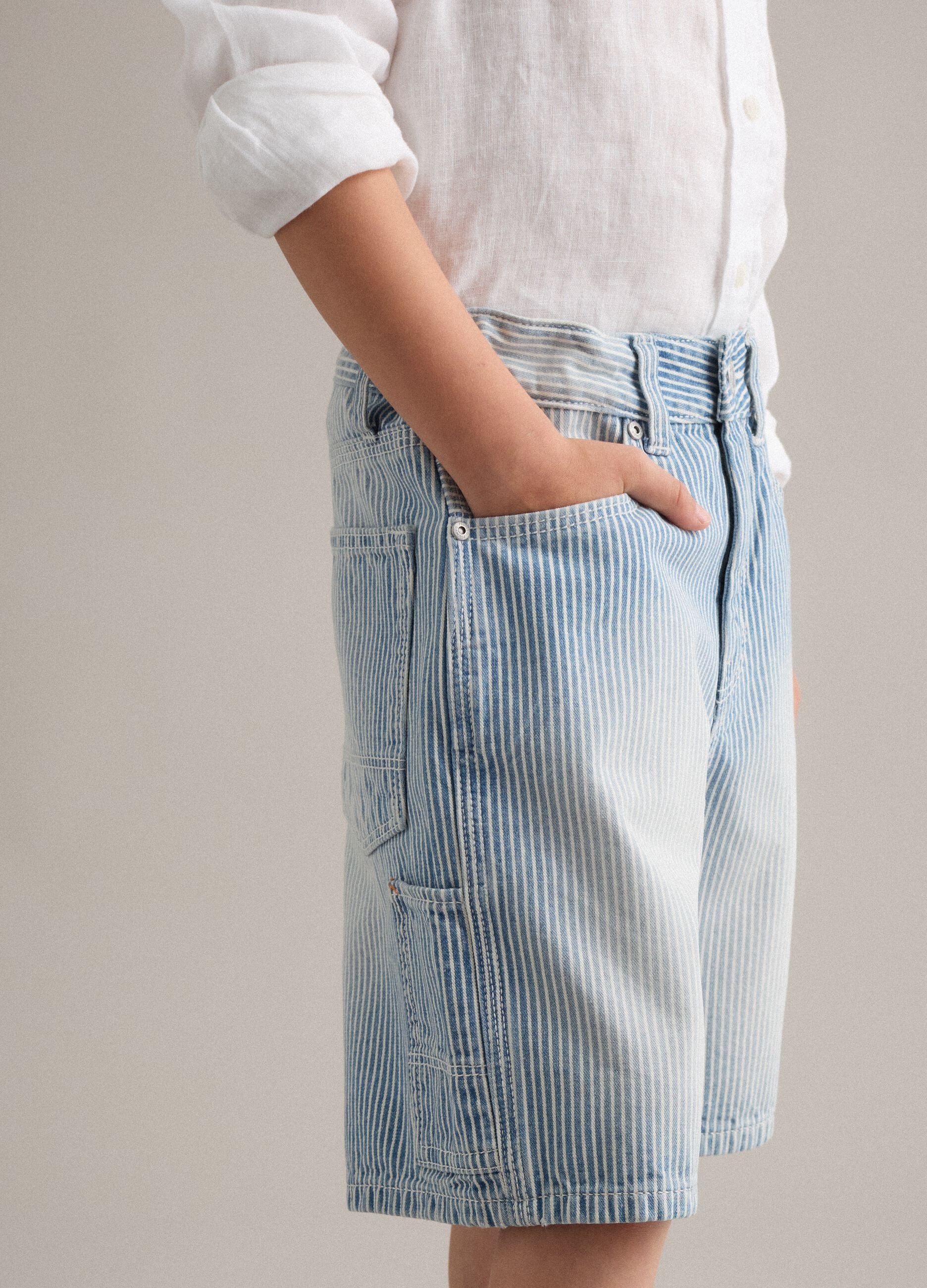 Sky-blue striped pure cotton Bermuda shorts
