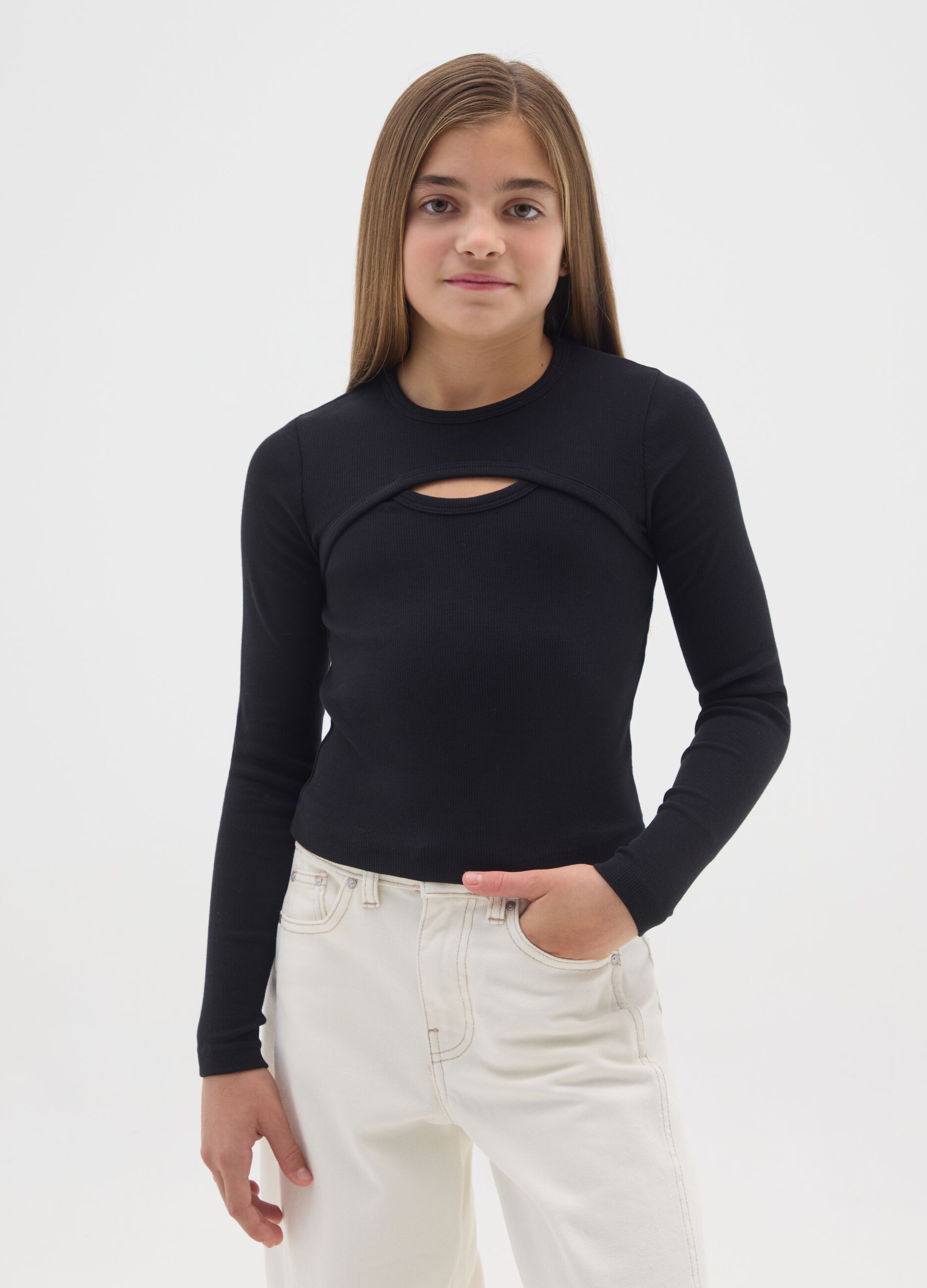 Girls' Black Stretch Cotton Regular Fit T-Shirt