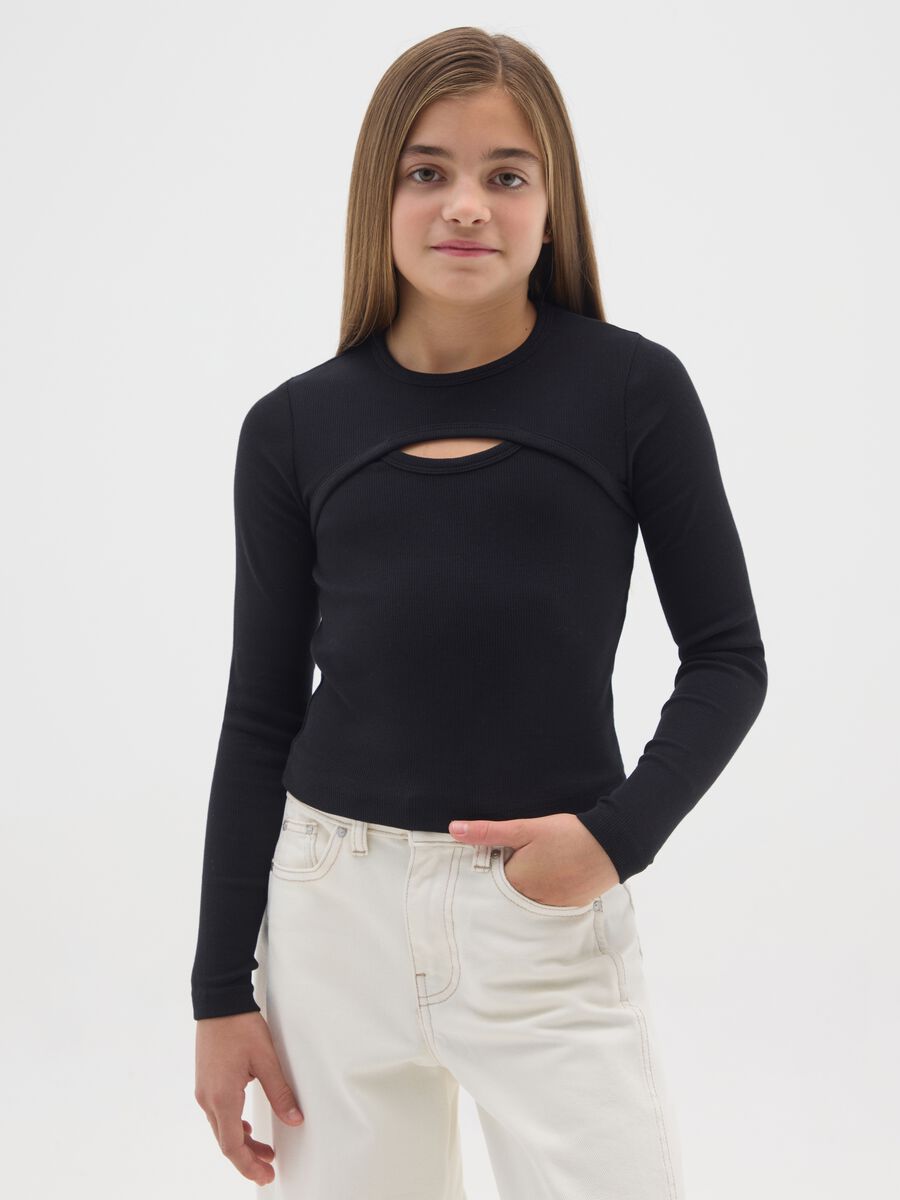 Maglietta nera da ragazze in cotone elasticizzato regular fit_0