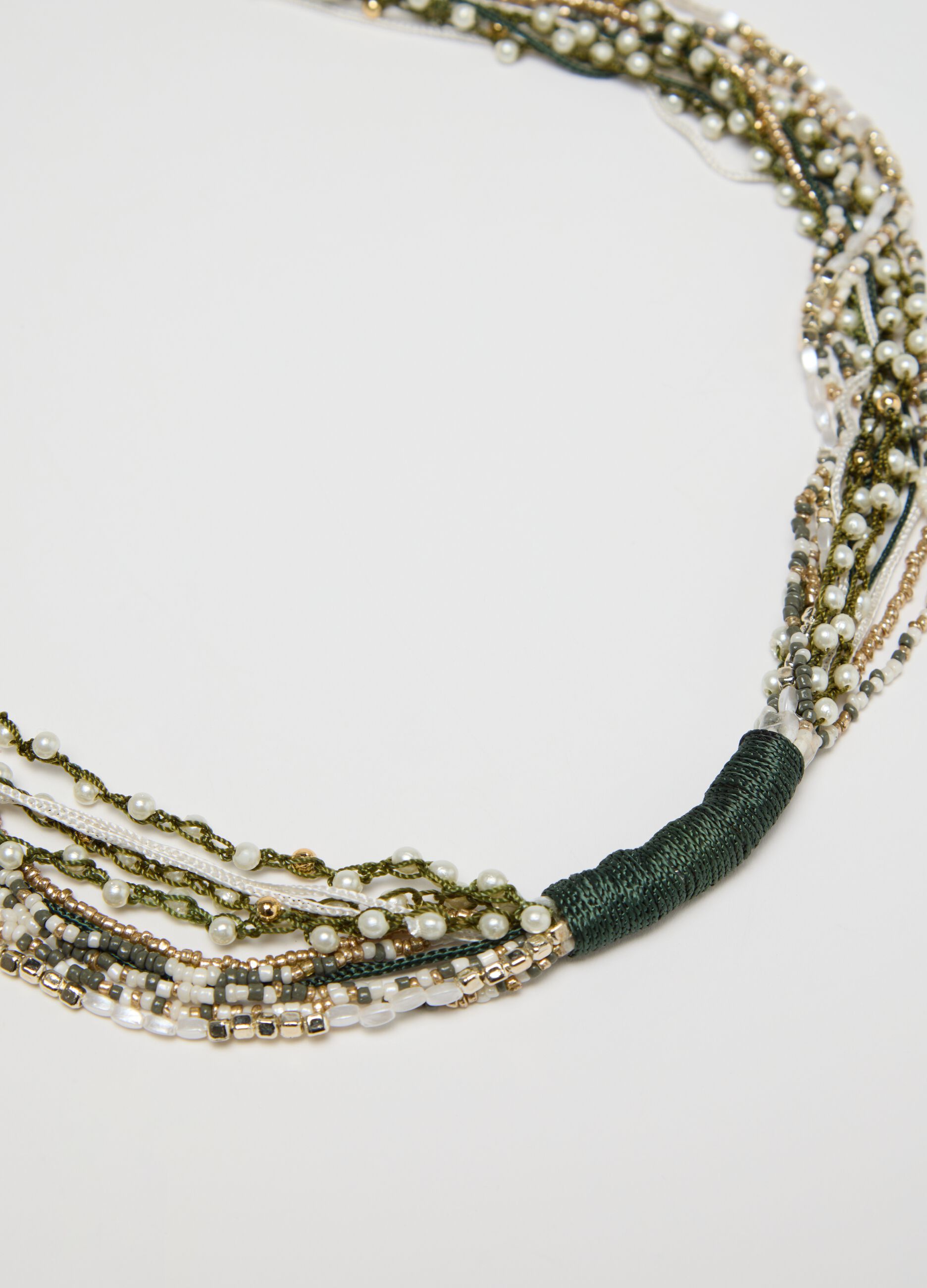 Green and gold multi-string necklace with knot
