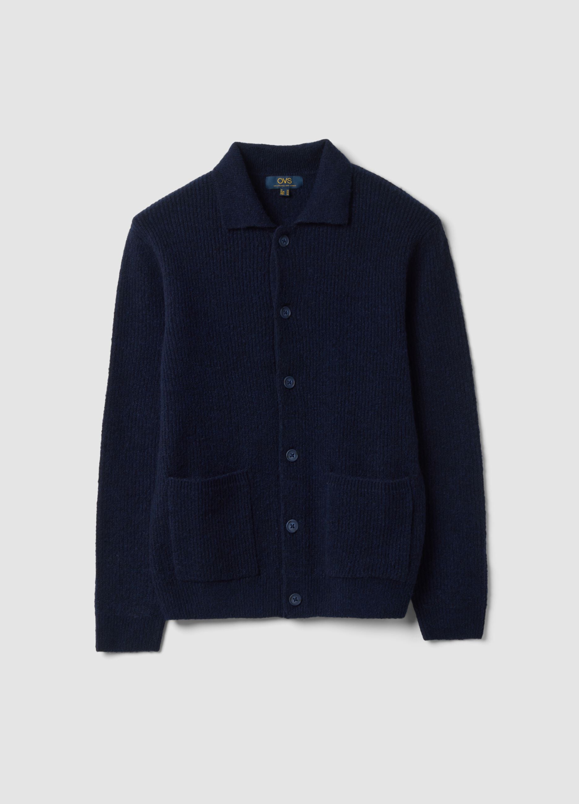 Navy blue stretch wool cardigan with polo collar